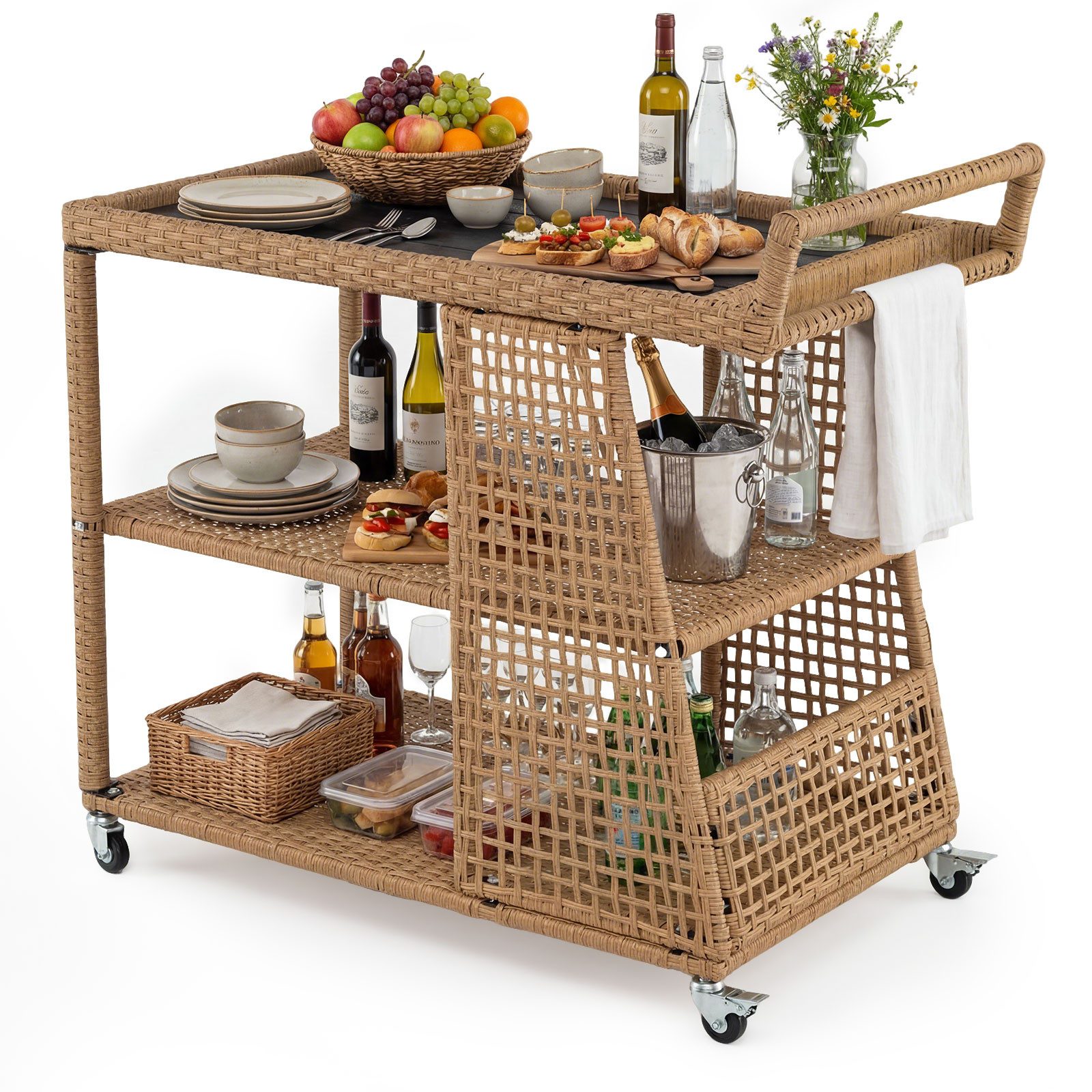 COSTWAY Grillablagetisch (1-St), Servierwagen mit Rollen, Rattan Küchenwagen