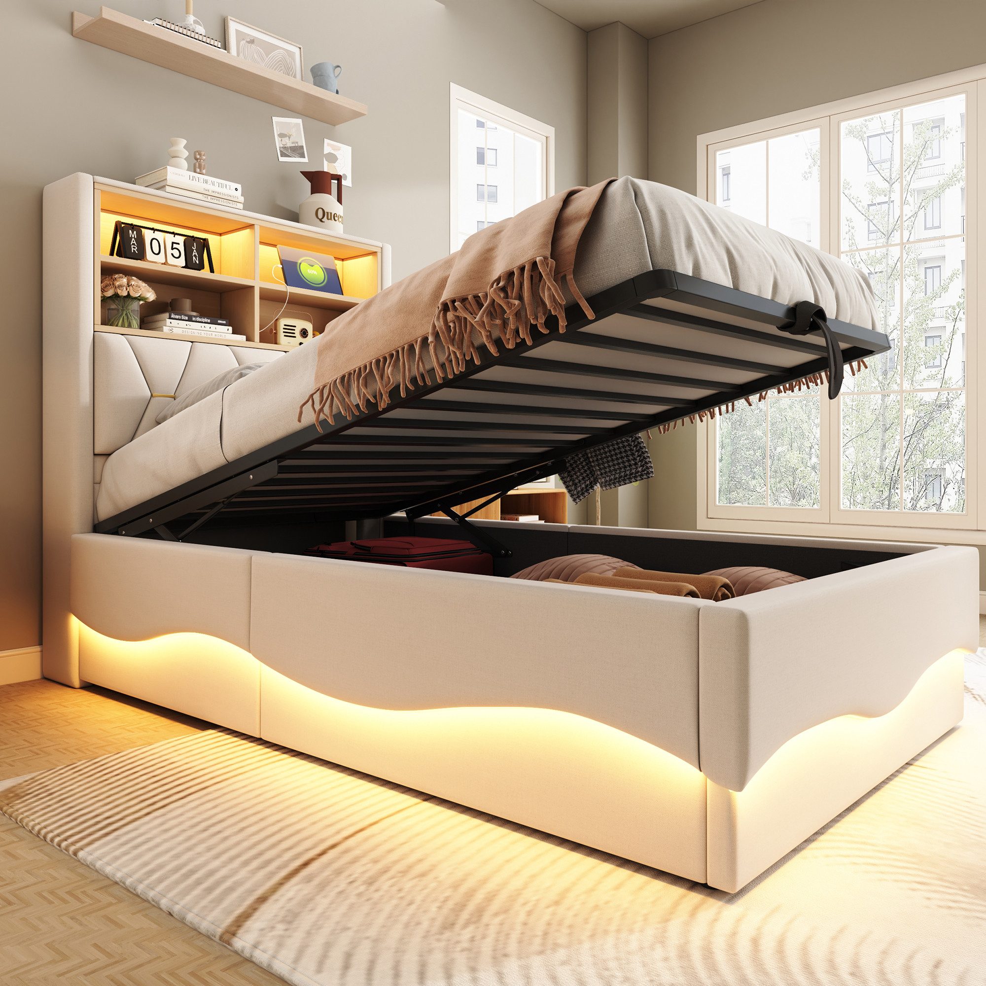 HAUSS SPOLE Polsterbett 90×200 mit hydraulischem Stauraum, LED-Licht, Beige günstig online kaufen