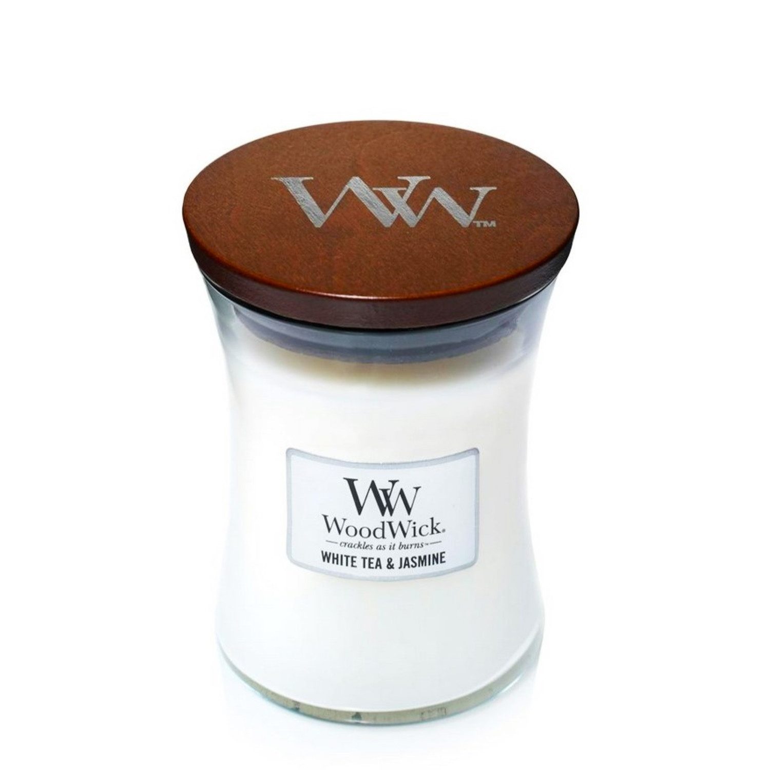 Woodwick Duftkerze White Tea & Jasmin im mittelgroßen Sanduhr Glas mit Deckel, 275g, Noten von reinem, weißen Tee, Jasmin, roter Zeder und Rose