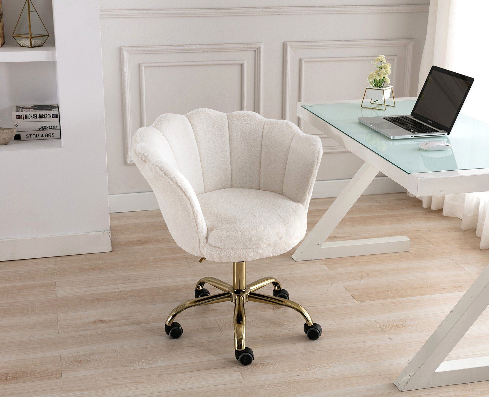 Kunstfell Bürostuhl WAHSON mit Weiß OFFICE Loungesessel CHAIRS Rollen Drehstuhl