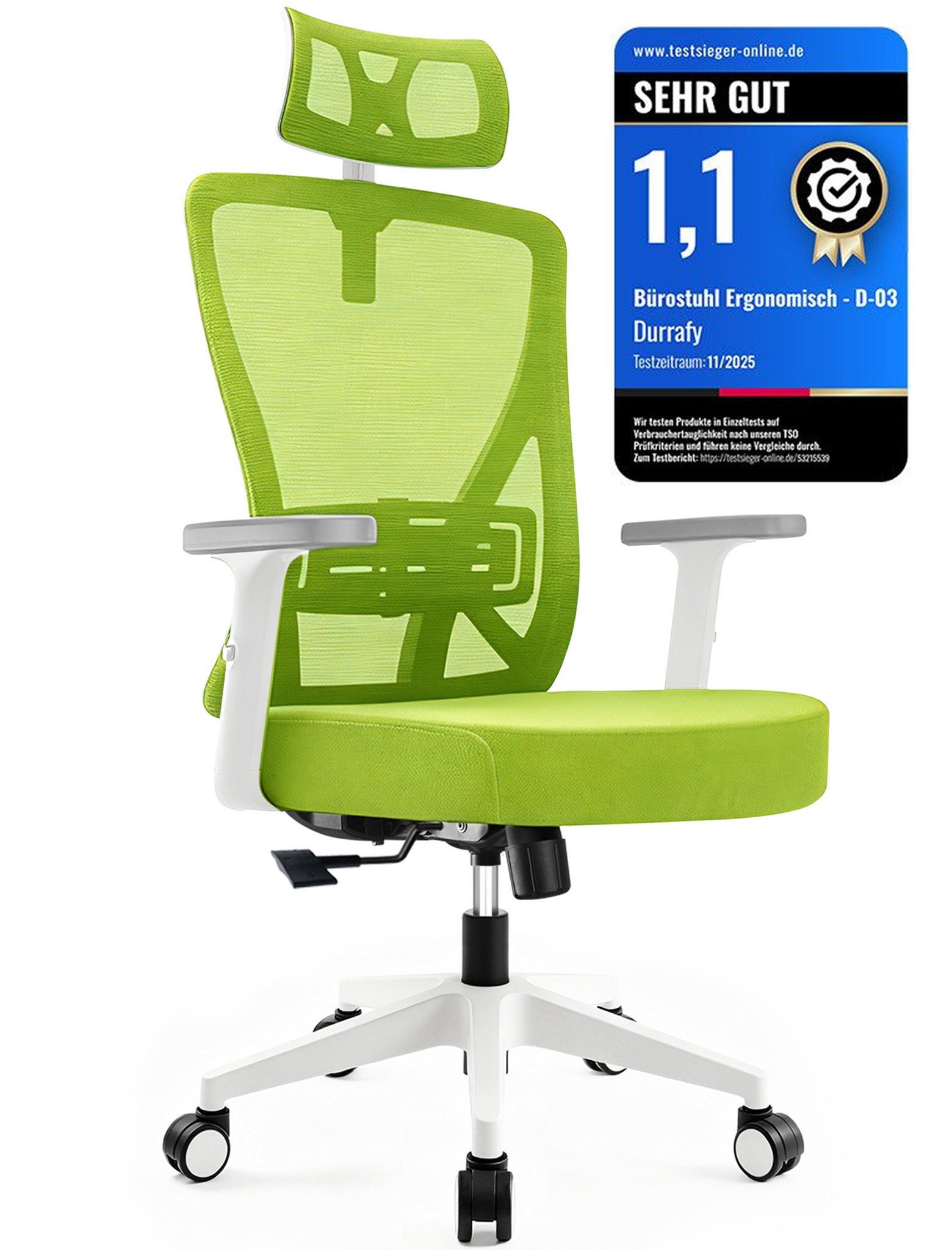 Durrafy Bürostuhl 200kg Ergonomischer Bürostuhl-Verstellbare Lordosenstütze (Verstellbare Lendenwirbelstutze + Kopfstutze + hohenverstelbare Armlehnen),bis zu 130° neigbar, atmungsaktives Netzgewebe, Drehstuhl),bis zu 130° neigbar, atmungsaktives Netzgewe