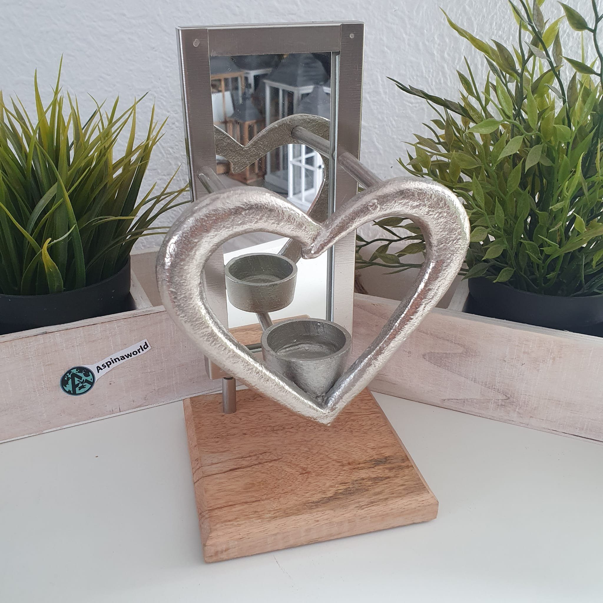 Aspinaworld Teelichthalter Herz Teelichthalter mit Spiegel auf Holzsockel 24 cm