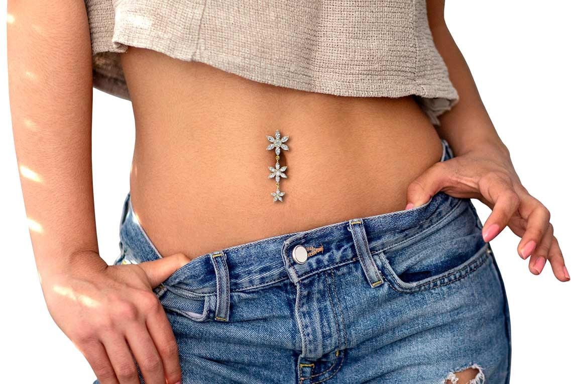 PIERCINGLINE Bauchnabelpiercing Chirurgenstahl Bananabell 3 GROSSE KRISTALLBLUMEN (Bananabells, 1-tlg)