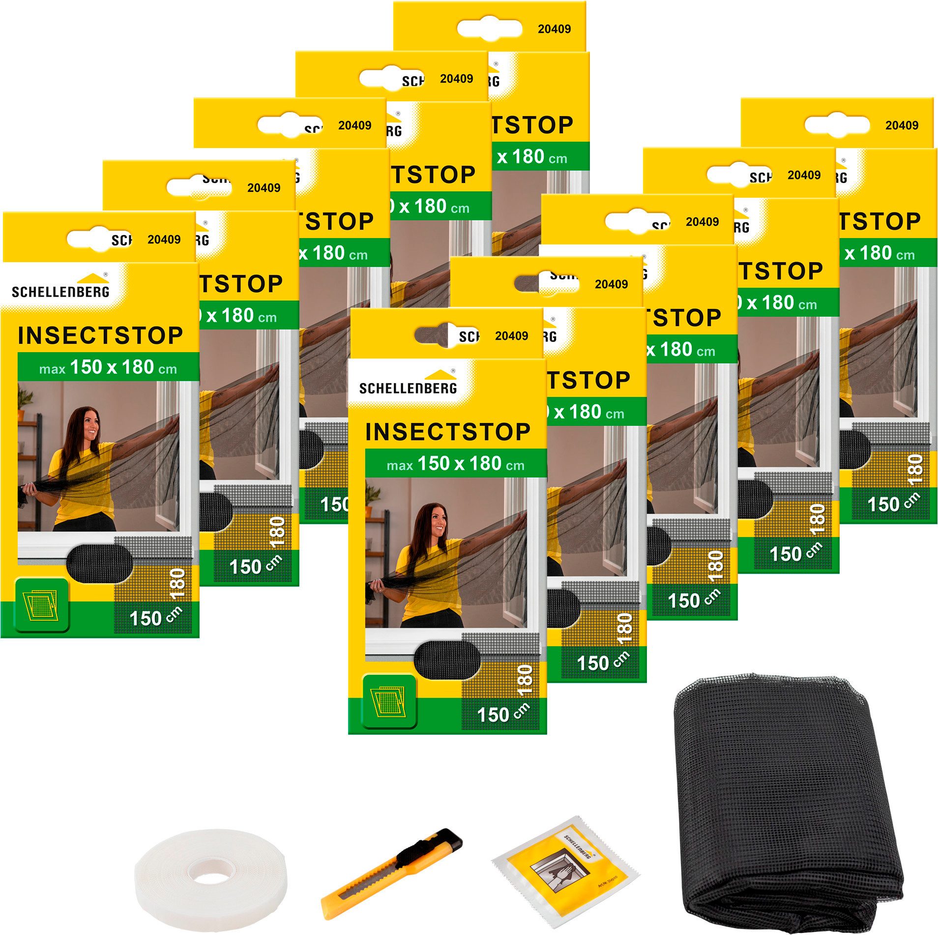SCHELLENBERG Fliegengitter-Gewebe Insektenschutz und Mückenschutz für Fenster ohne bohren, (Set, 10-St), inkl. Befestigungsband, 150 x 180 cm, anthrazit und weiß