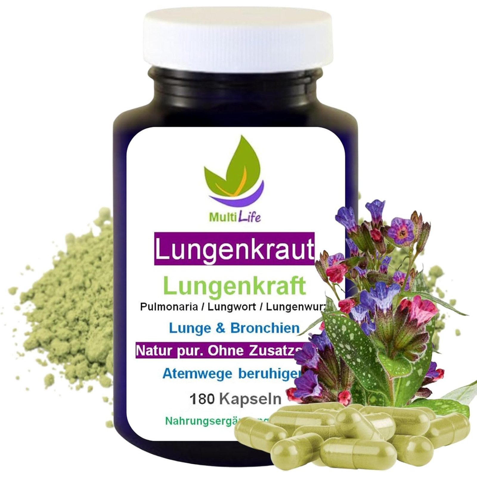 MultiLife Lungenkraut Lungenwurz (Pulmonaria) ohne Zusatzstoffe Kapseln, 1 er Dose à 180 St., 88 g, Art. 27380-180