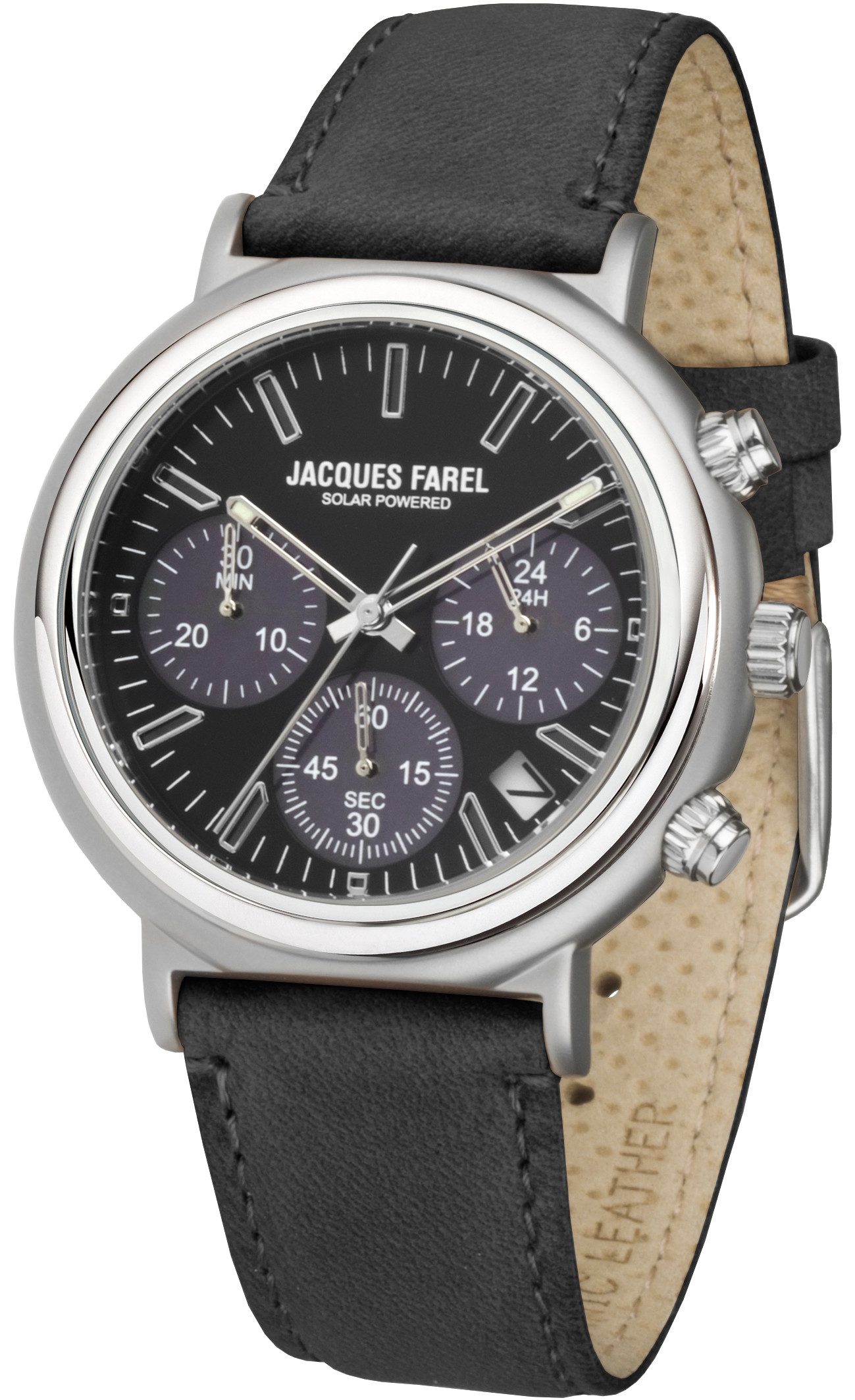 Jacques Farel Solaruhr ORST3003 nachhaltige Herren Damen Armbanduhr Recycling-Stahlgehäuse Lederband 5 bar, Analog Schwarz Blau Multifunktion Chrono Datum 24h Ø41 mm