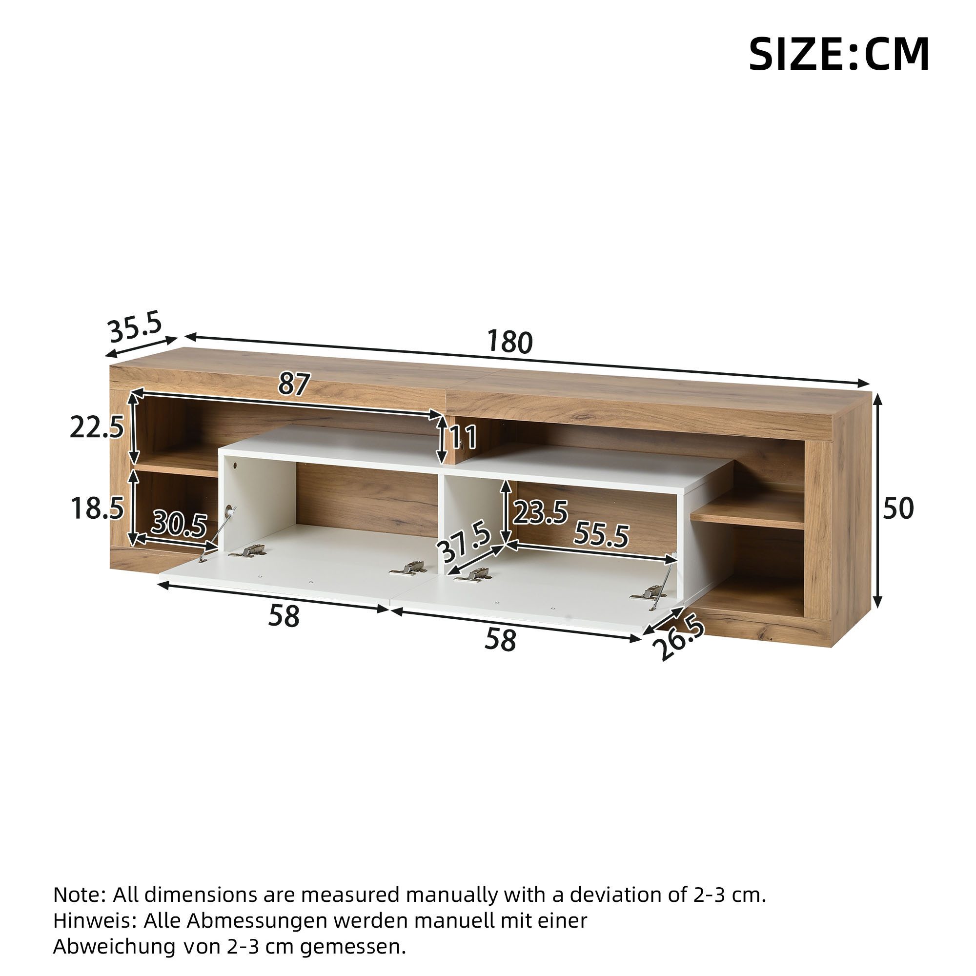 Merax Lowboard mit LED inkl.APP, Fernsehschrank in Naturholz und Weiß (TV Board für 75 Zoll TV, 1 St), TV-Schrank mit 2 Schubladen & 4 offene Fächer, 180x35,5x50 cm