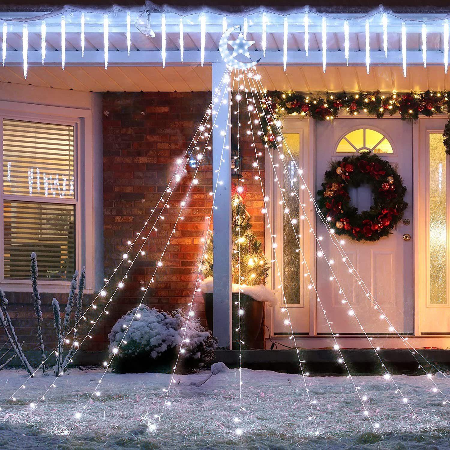 Energiesparen, -mit Stern Sunicol 350 Weiß Beleuchtung,Außen 31V und Party Weihnachtsbaum Garten, Mond LED Wasserfall Modi, LED-Baummantel 8 3.4M wasserdicht