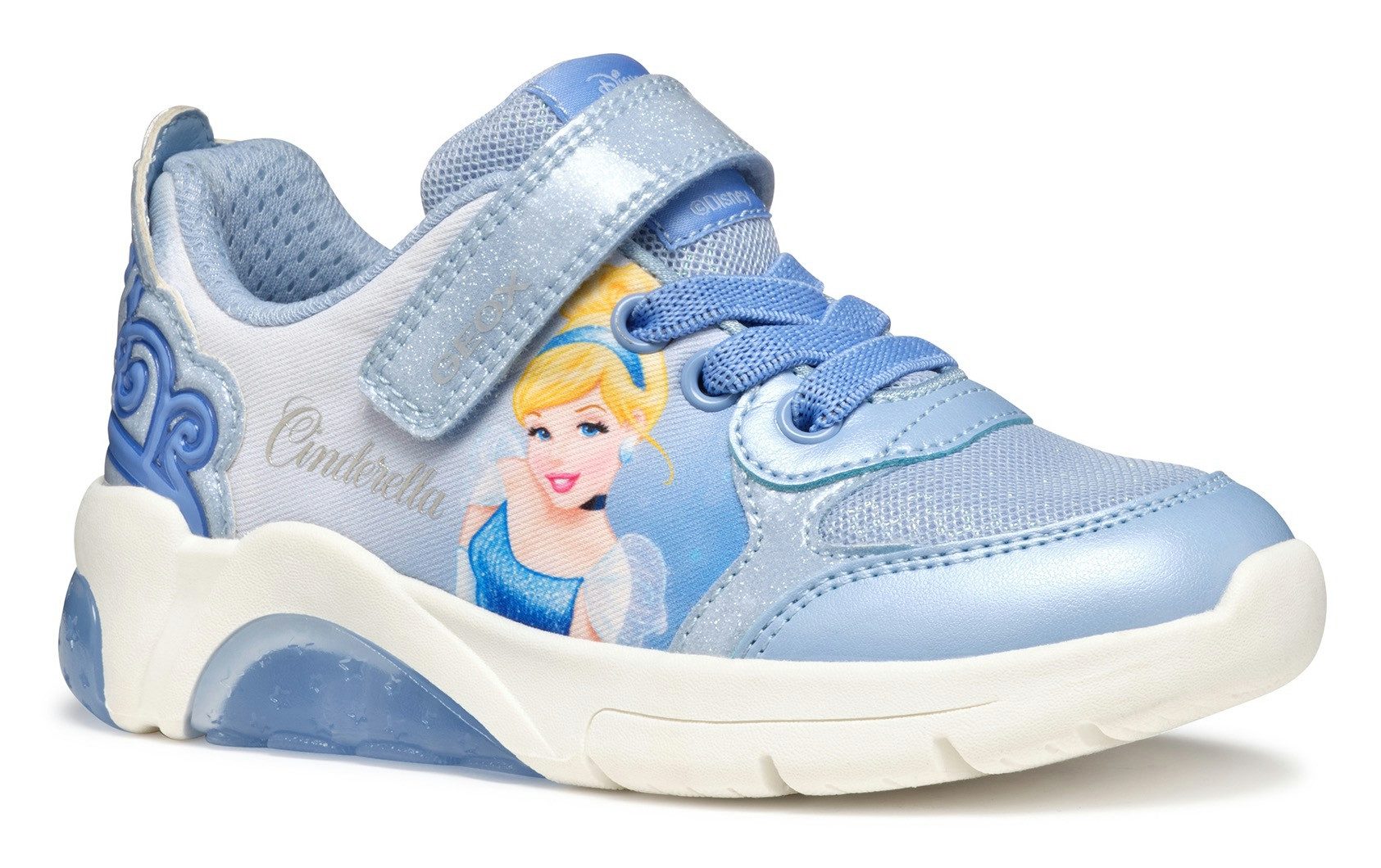 Geox J FADINLIGHT GIRL Blinkschuh Sneaker, Disney Sneaker, Klettschuh mit Glitzer und Cinderella Motiv, Blinki