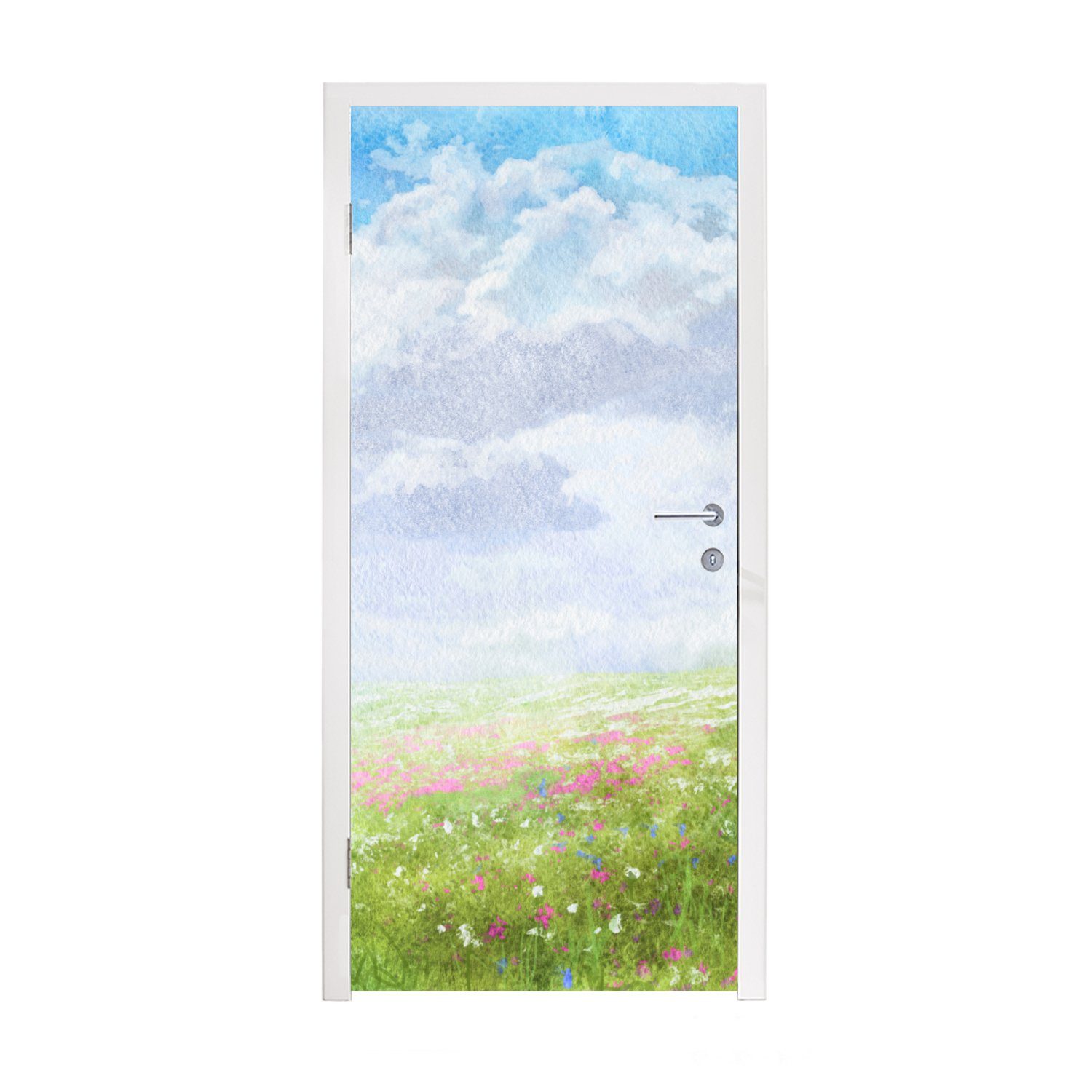 MuchoWow Türtapete Aquarell - Blumen - Landschaft, Matt, bedruckt, (1 St), Fototapete für Tür, Türaufkleber, 75x205 cm
