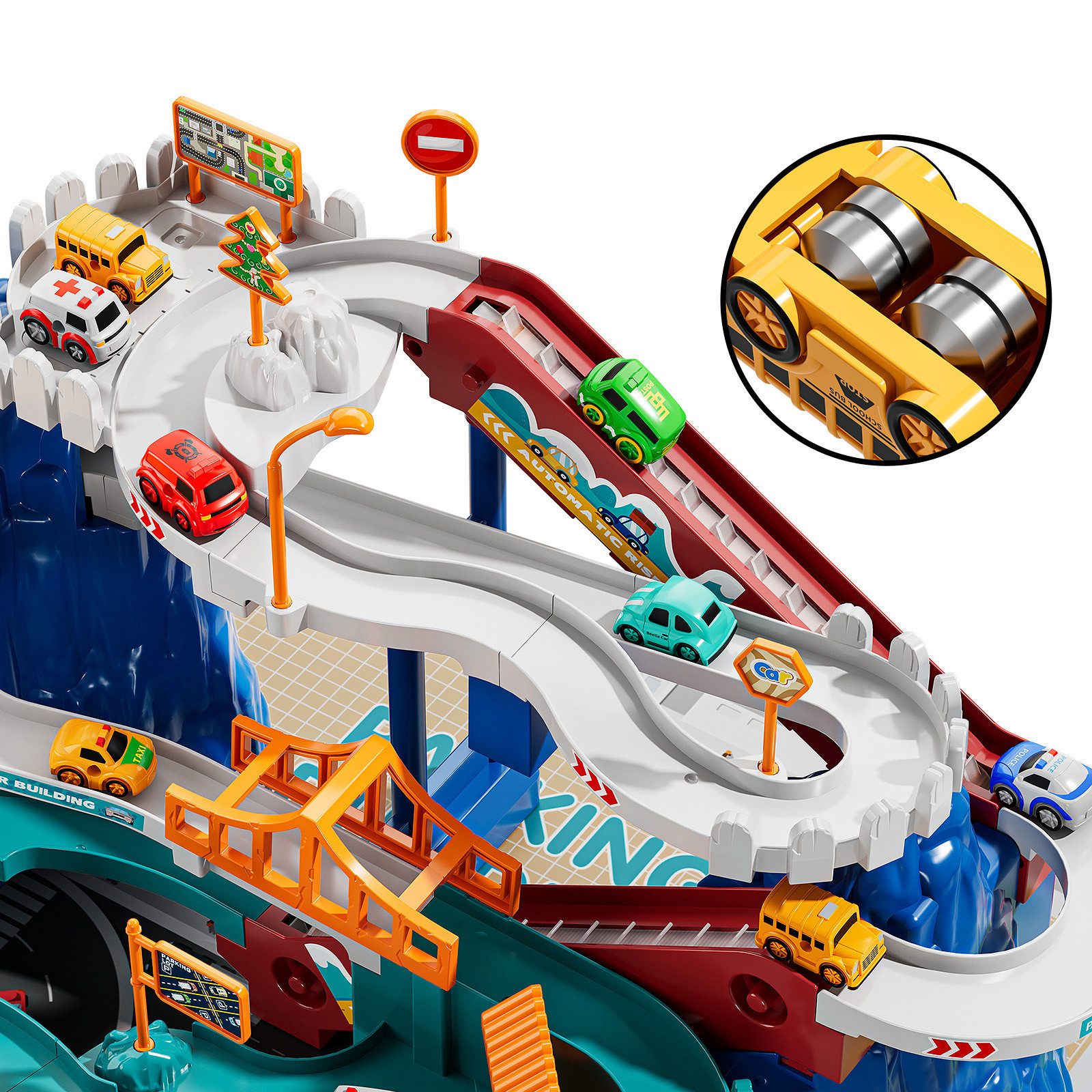 TEMI Spielzeug-Auto Kinder Auto Garage Parken Abenteuer Spielzeug mit 10 Mini Autos, (Set, 1-Parkspielzeug, 10-Miniautos, 1-Karte und Aufkleber), Dinosaurier Race Track Playse