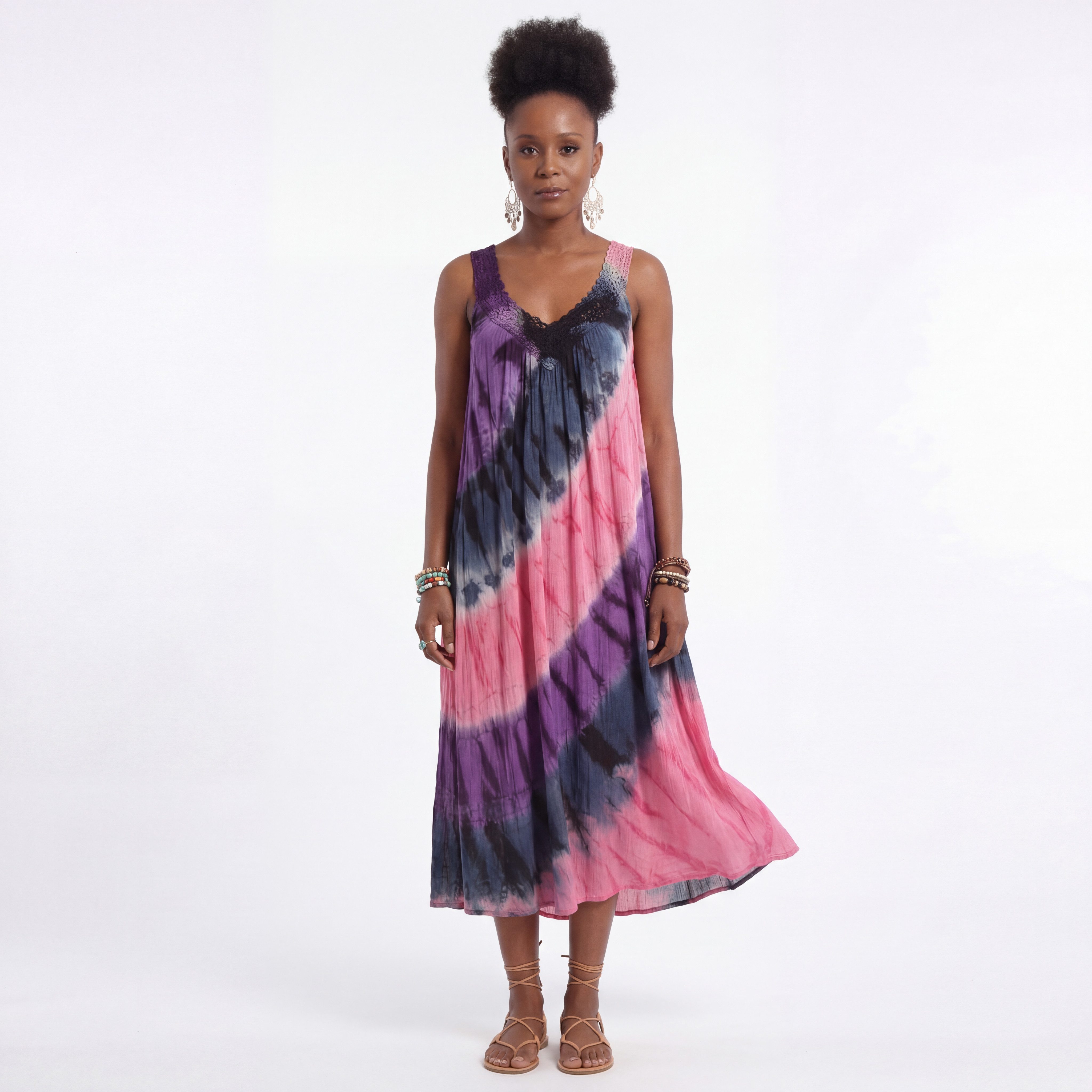 YC Fashion & Style Strandkleid Batik – Sommer Kleid – V-Ausschnitt mit Häkelbesatz One Size 34–42 aus Viskose