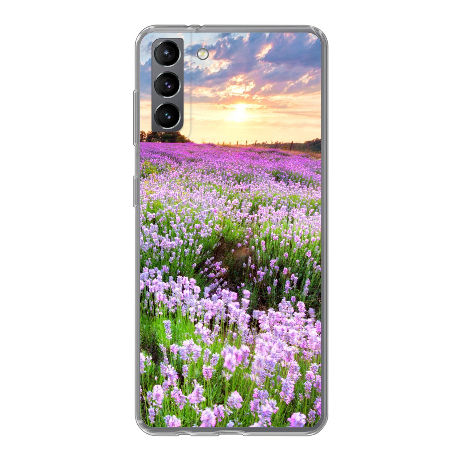MuchoWow Handyhülle für Samsung Galaxy S21 Plus Blumen - Lavendel - Lila - Himmel - Sonnen, Phone Case, Silikon, Schutzhülle Dünn