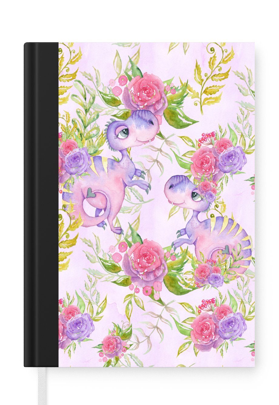 MuchoWow Notizbuch Dinosaurier - Blumen - Kinderzimmer - Mädchen - Rosa - Kinder, Notebook, Notizblock a5, Tagebuch, Journal Liniert