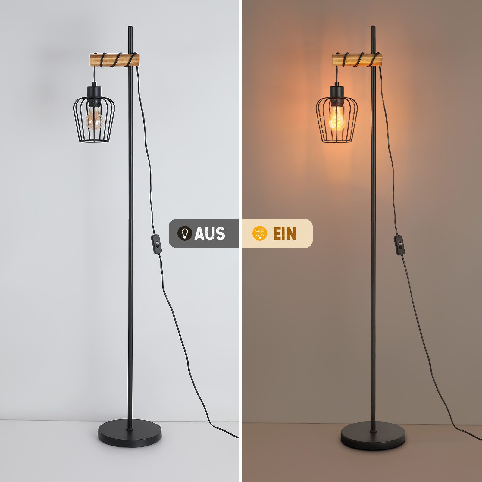 Nettlife Stehlampe Wohnzimmer Holz E27 Stehleuchte Vintage Schwarz Metall 152cm, mit Kippschalter, LED wechselbar, für Wohnzimmer, Schlafzimmer, Arbeitszimmer,  – Bild 4 von 5
