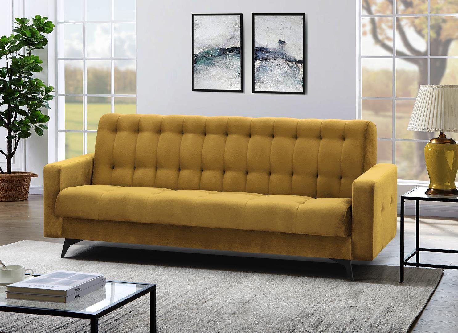 Beautysofa Schlafsofa GRETA BIS, Senfgelb Wohnzimmer, Velour, für Couch Sofa Polstersofa Schlaffunktion, Bettkasten