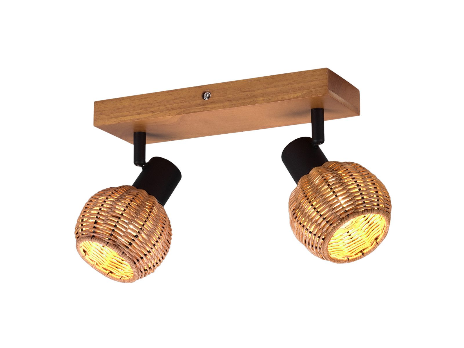 meineWunschleuchte Deckenstrahler Rattan-Lampe mit Holz, Breite 30cm, ohne Leuchtmittel, Innen Deckenleuchte, Korblampe skandinavisch mit 2 Strahler, Holzlampe
