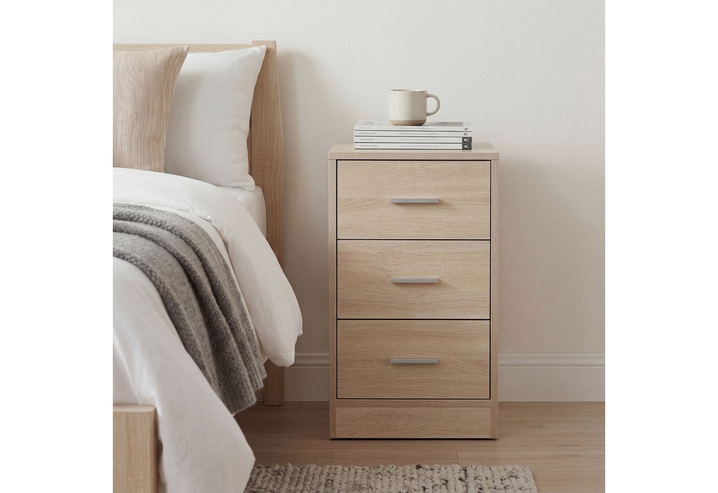 FINEBUY Nachtschrank SuVa7070_1 Kommode Nachttisch Schublade Ablage Schlafzimmer (Nachttisch mit 3 Schubladen Sonoma 37,5x68x35 cm) Nachtkästchen Boxspringbett, Nachtkommode Modern
