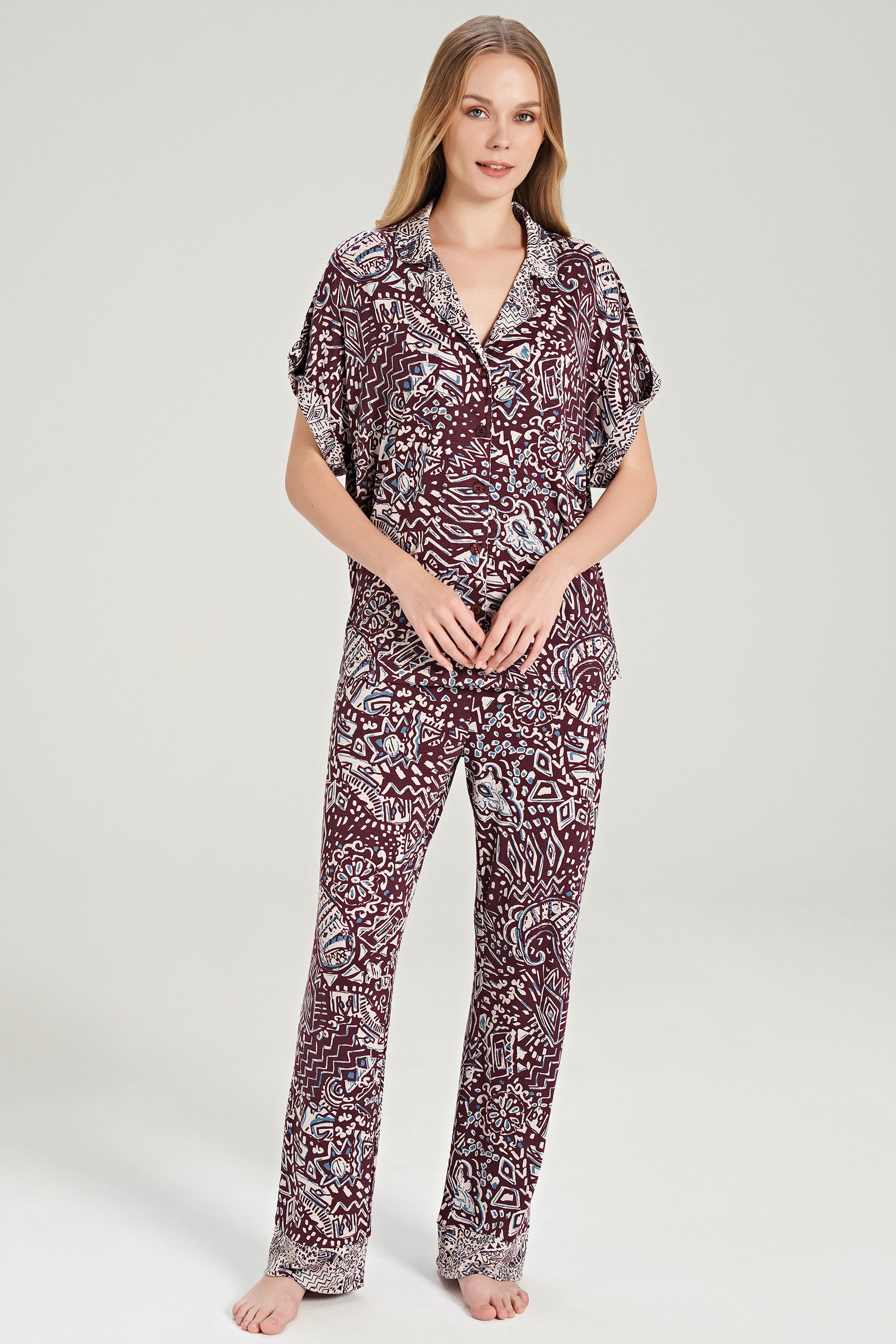 FEYZA Pyjama Damen Pyjama-Set mit Ethno-Muster und Knopfleiste – Zweiteilig