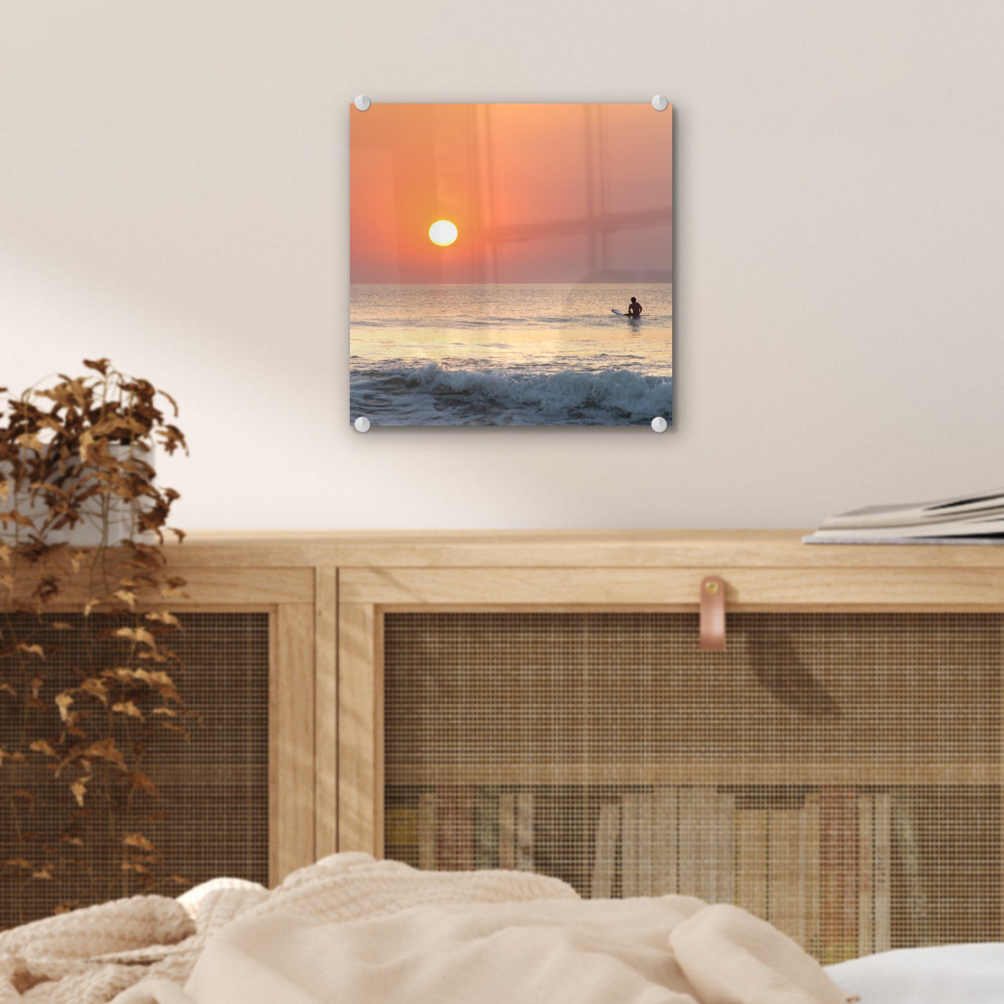 MuchoWow Acrylglasbild Meer - St), - auf Sonne, - Glas Glas Bilder Wandbild (1 Surfen - Wanddekoration - Glasbilder Foto auf