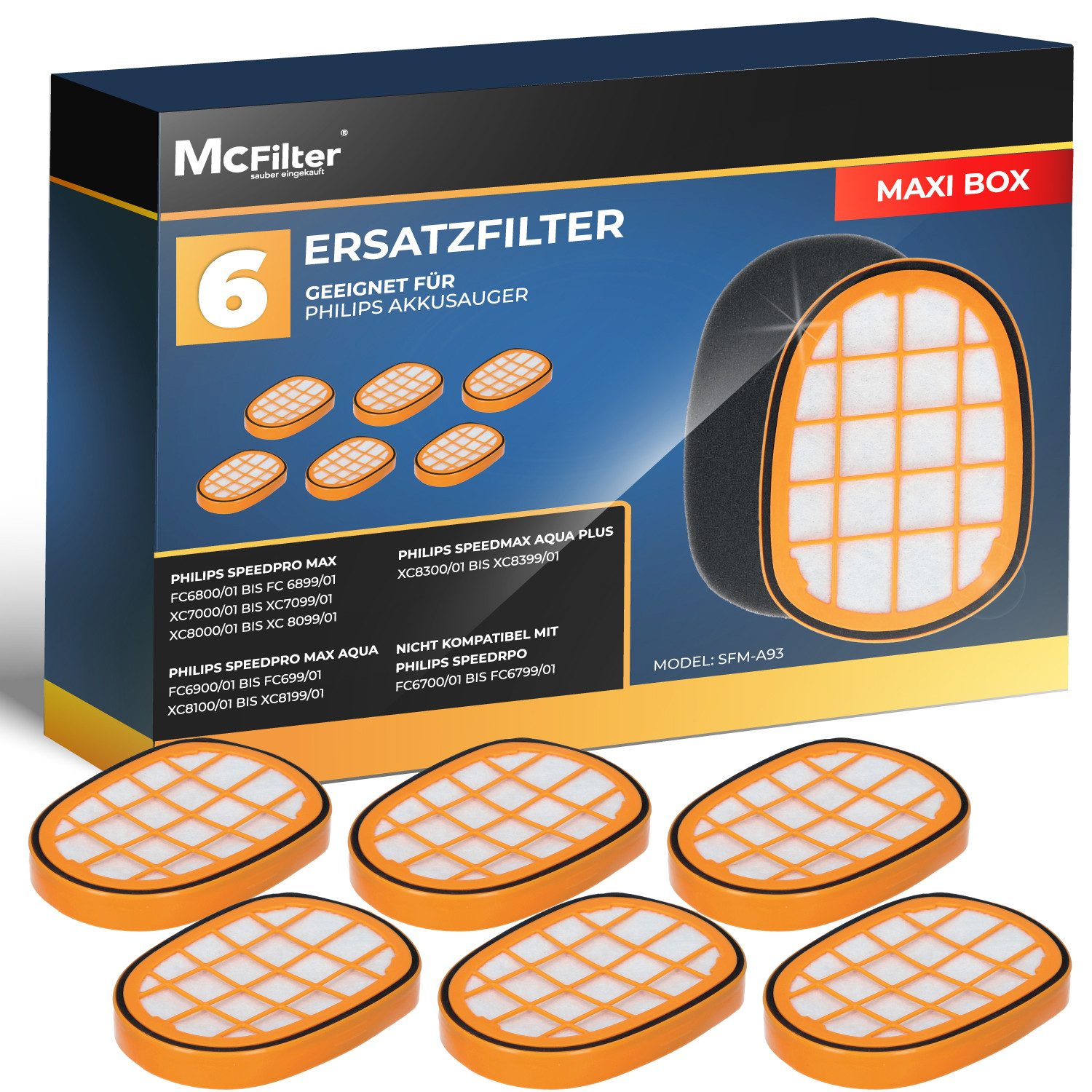 McFilter Ersatzfilter 6 Staubsaugerfilter, Zubehör für Philips SpeedPro Max Aqua, Plus FC6826, XC7042, XC8045, XC8147, XC8347, Filter gegen Feinstaub, Alternative für FC5005/01