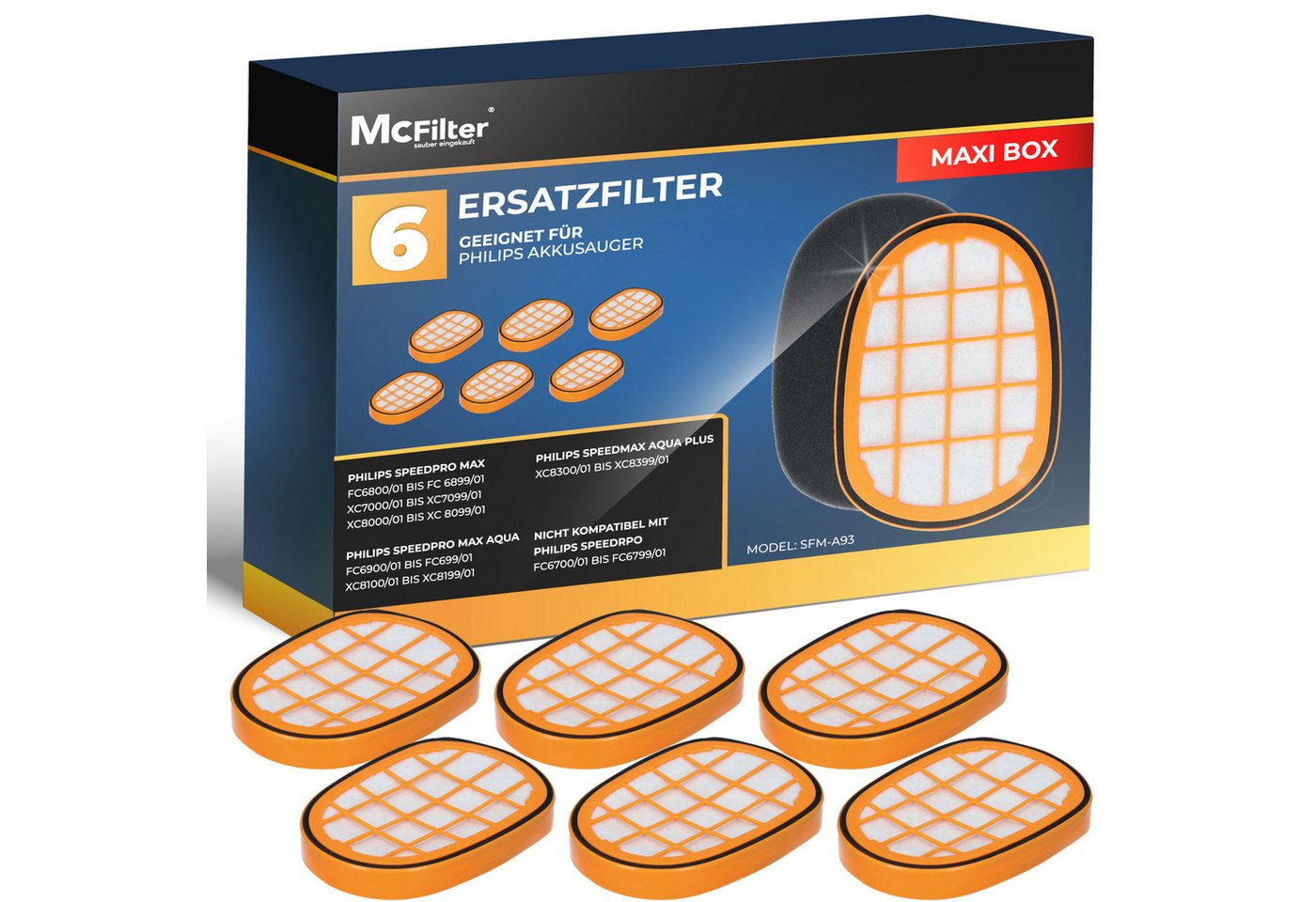 McFilter Ersatzfilter 6 Staubsaugerfilter, Zubehör für Philips SpeedPro Max Aqua, Plus FC6826, XC7042, XC8045, XC8147, XC8347, Filter gegen Feinstaub, Alternative für FC5005/01