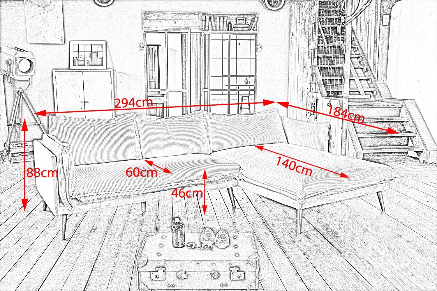 / hellgrau rechts, Cord Ecksofa Cord/Velvet anthrazit QUENYA, Recamiere KAWOLA Velvet Farben links od. zweifarbig Sofa versch.