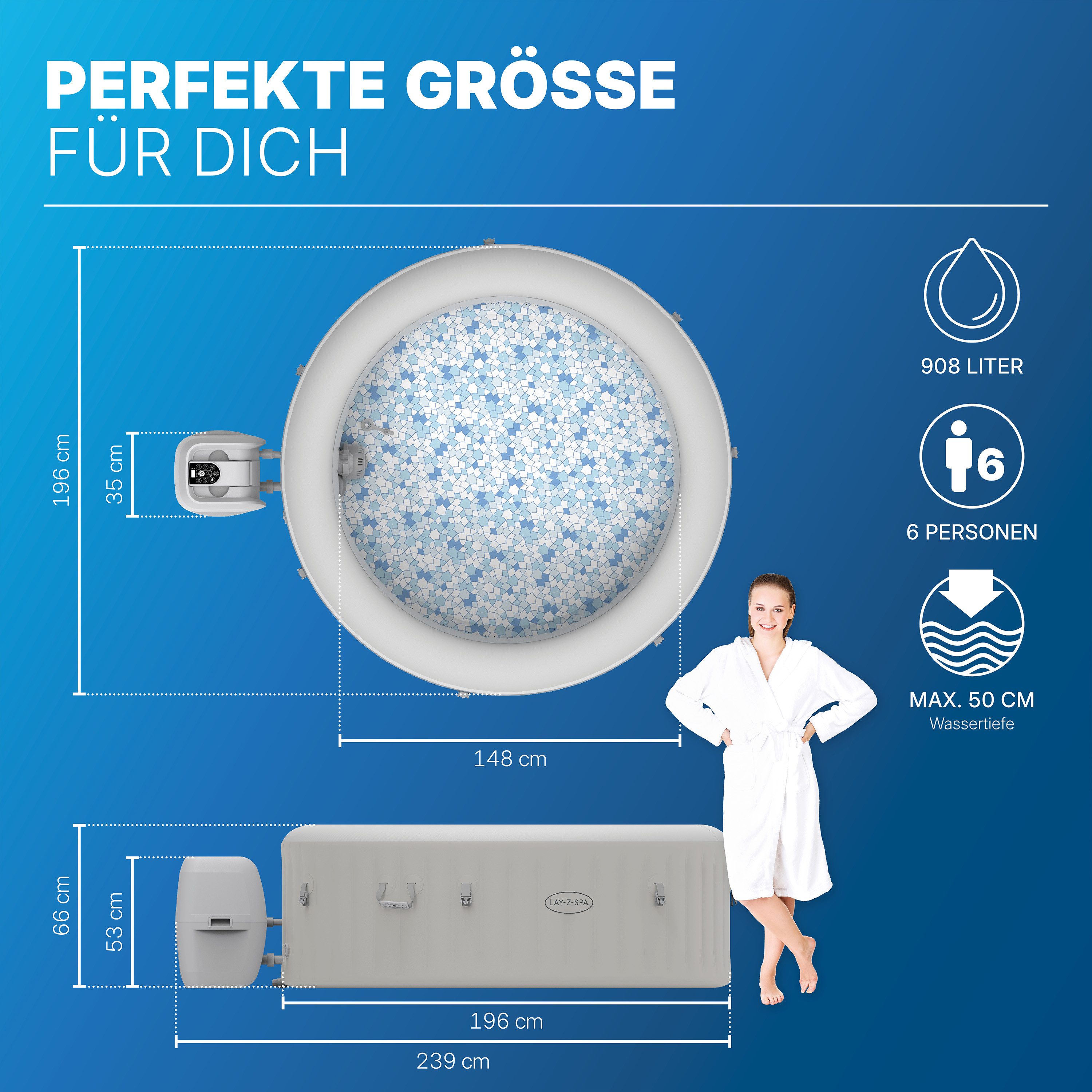 Bestway Whirlpool LAY-Z-SPA® Paris AirJet™, (Set, 1-tlg., Inkl. LED Beleuchtung, für max. 6 Personen), Ø 196 x 66 cm