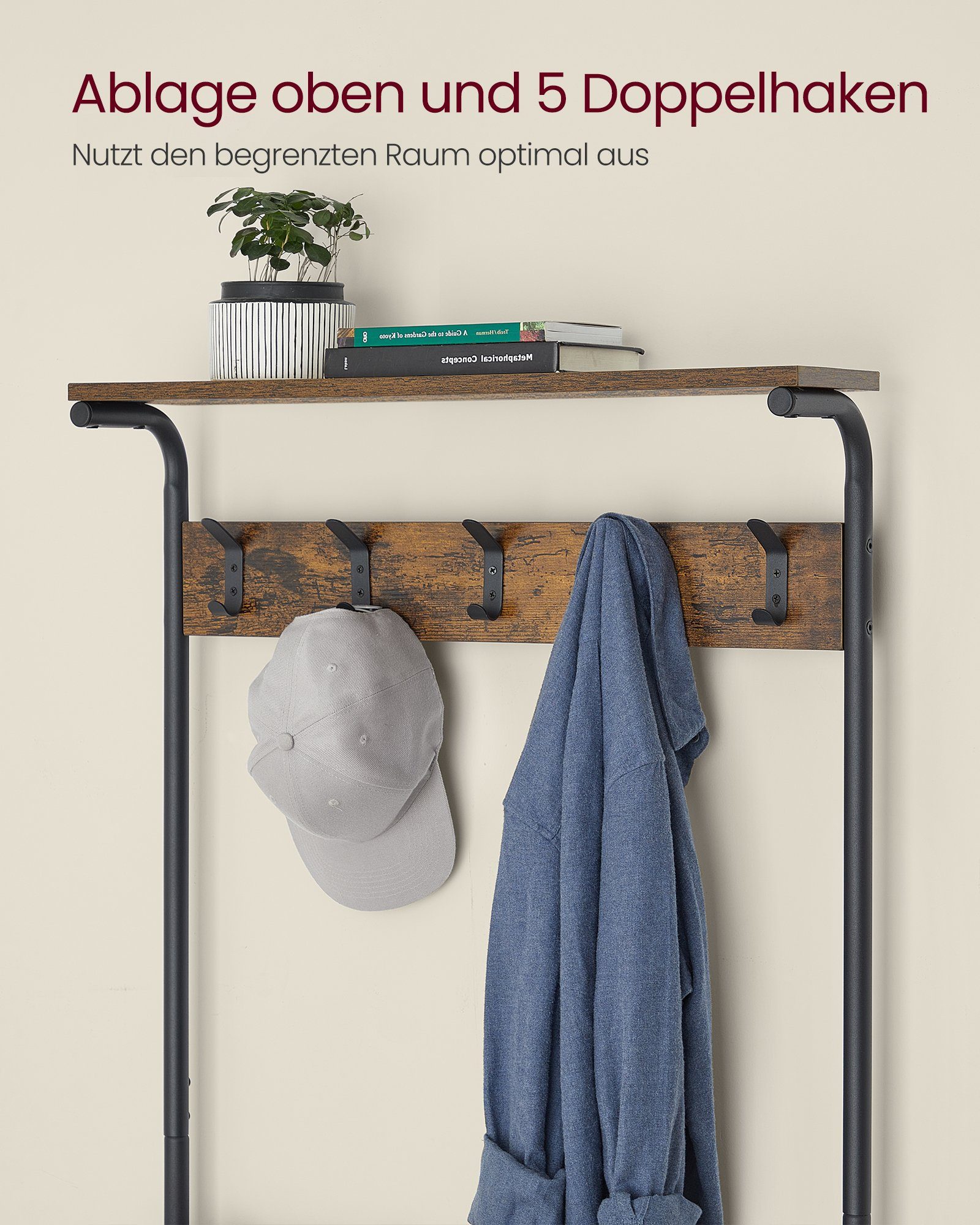 VASAGLE Garderobenständer Kleiderständer, für Wohnungen, Schlafzimmer, Flur, Industrie-Design, Garderobe mit 5 Doppelhaken, Schuhregal mit 5 Ebenen, eine Ablage oben