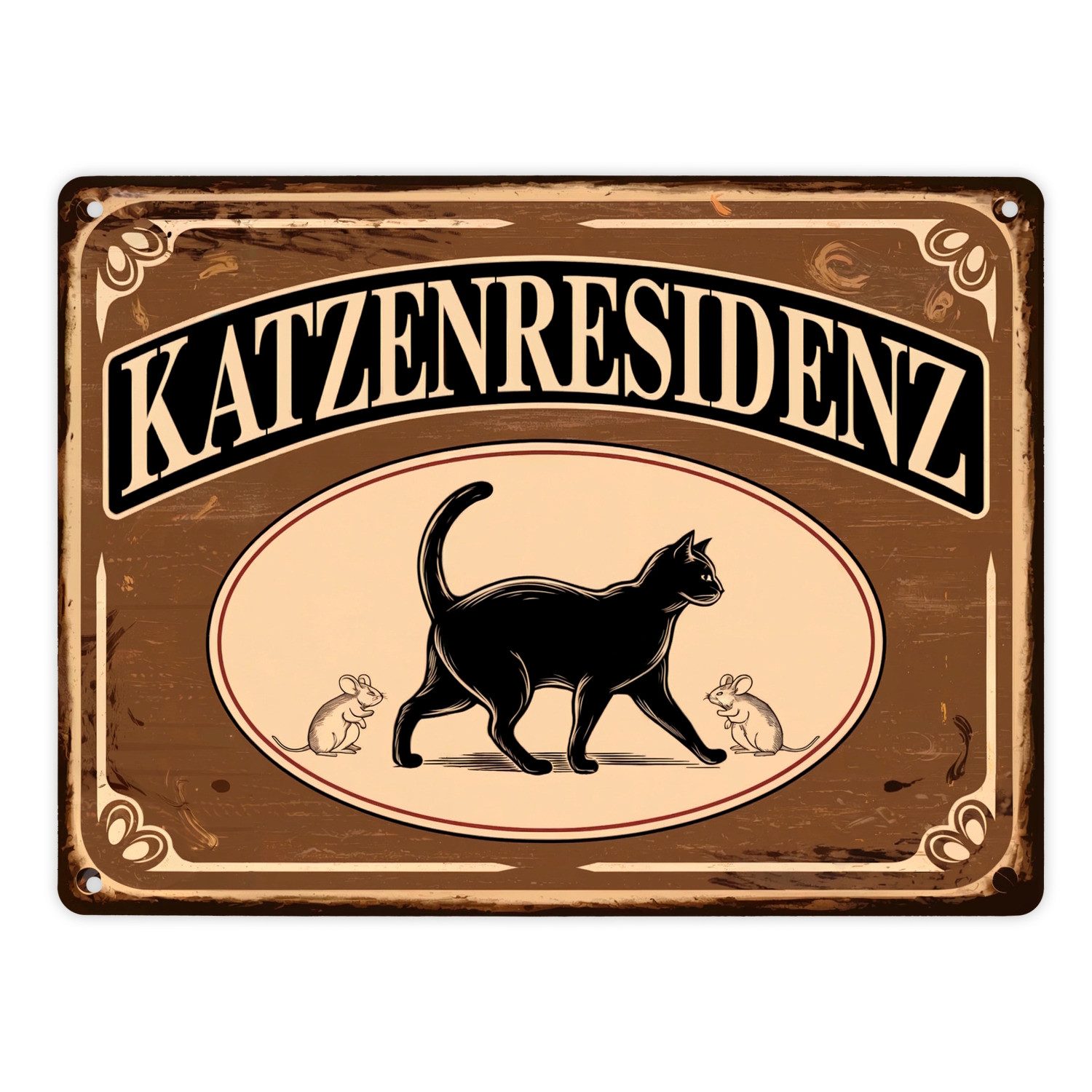 speecheese Metallschild Schwarze Katze mit Mäusen Katzenresidenz Metallschild XL in 21x28 cm