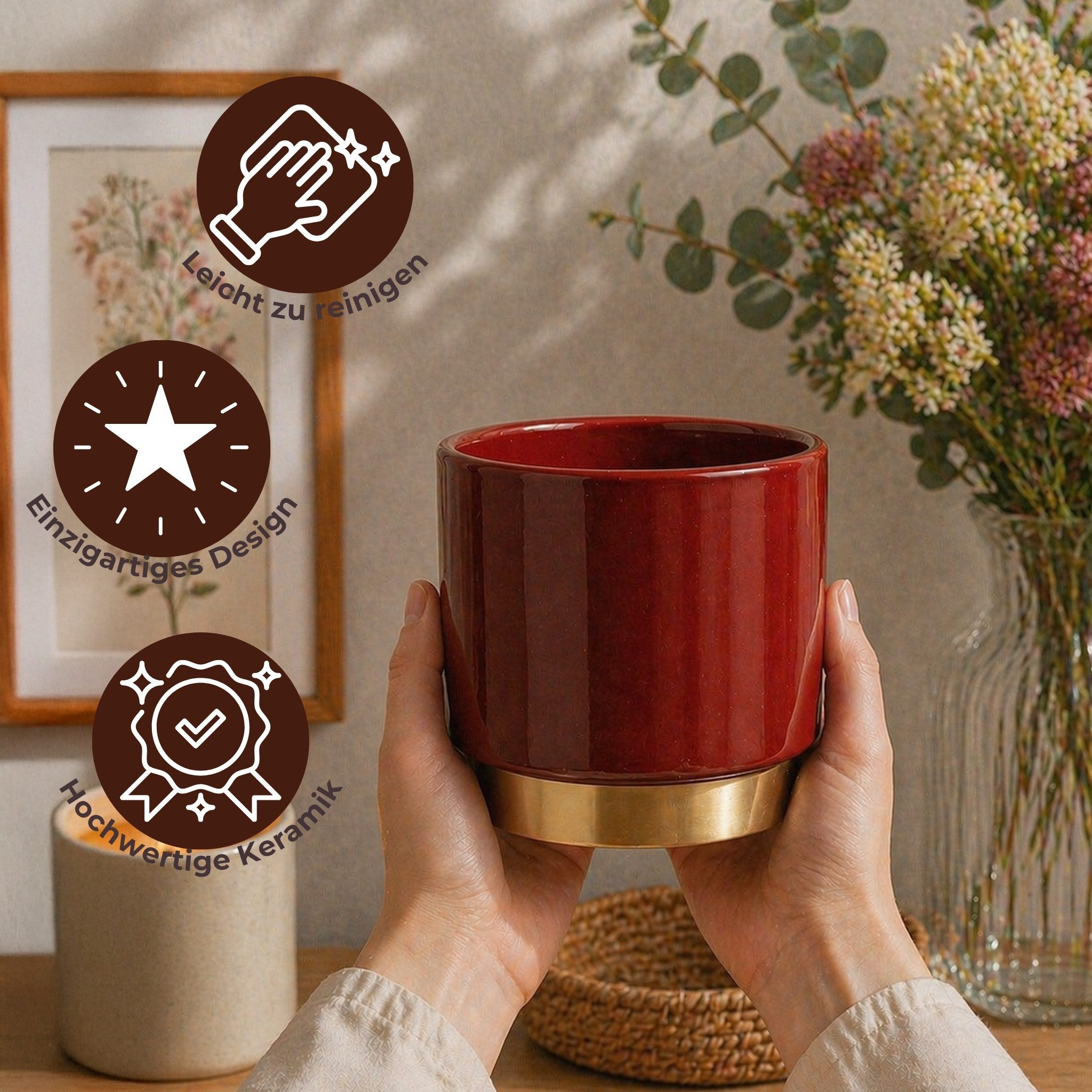 matches21 HOME & HOBBY Blumentopf Blumentöpfe 2er Set aus Keramik in Ø 10,5 x 10,5 cm Dunkelrot (2 St), Edle Übertöpfe mit goldenem Fuß