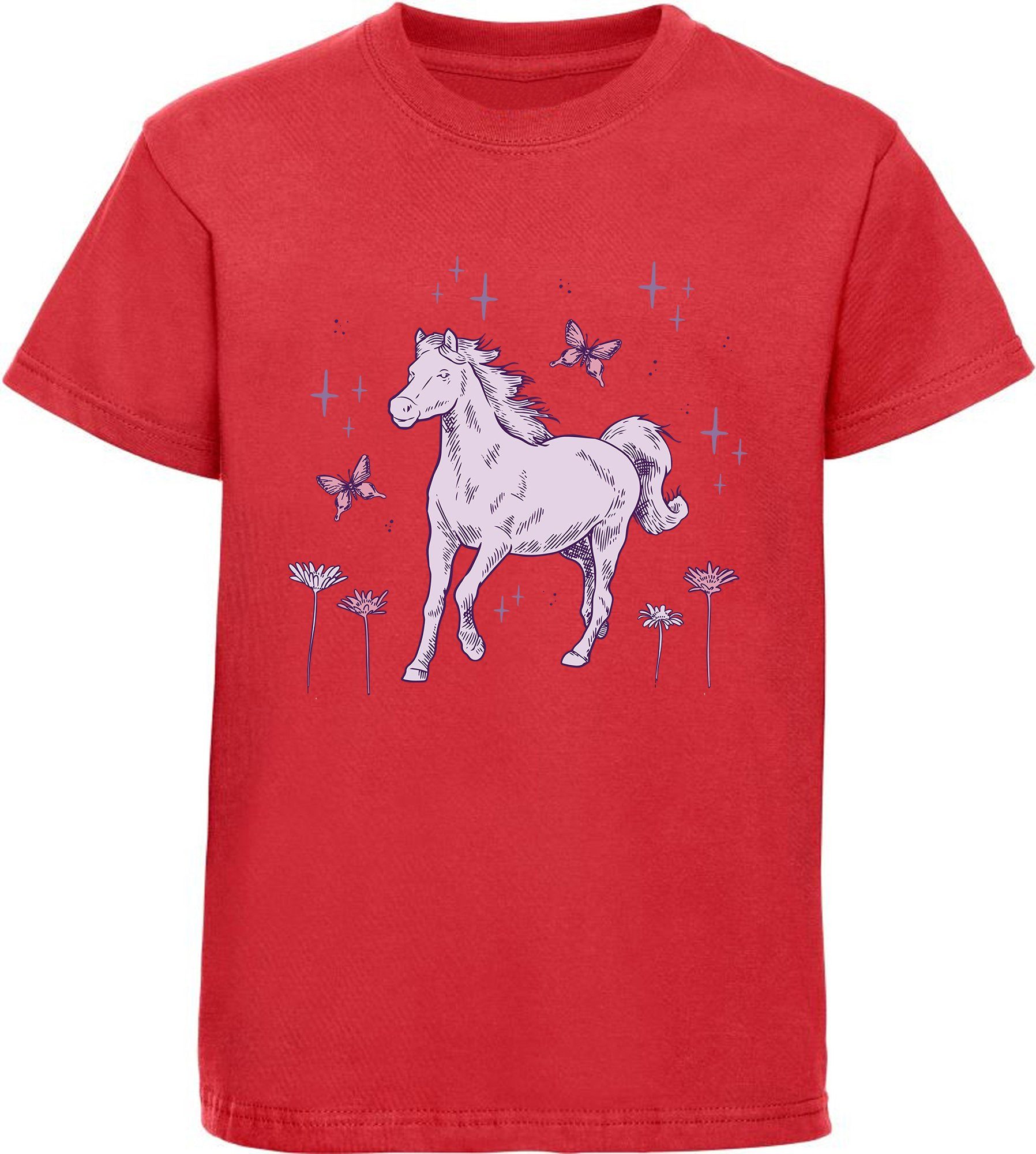 MyDesign24 Print-Shirt bedrucktes Mädchen T-Shirt galoppierendes Pferd und Blumen Baumwollshirt mit Aufdruck, i144 rot