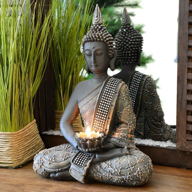 INtrenDU Buddhafigur »Buddha Statue mit Teelichthalter 31cm«, mit Strassbestückter Schärpe