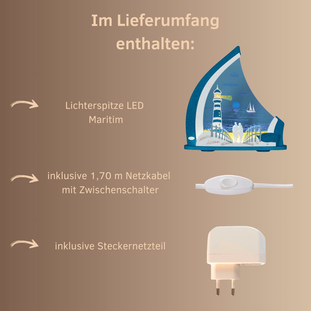 Weigla LED Lichterbogen Maritim, Leuchtturm, Lichterspitze, Dekoleuchte, Made in Germany (1-tlg), Erzgebirge garantiert, maritime Deko Innen, Dekolampe, BLAU-WEIẞ