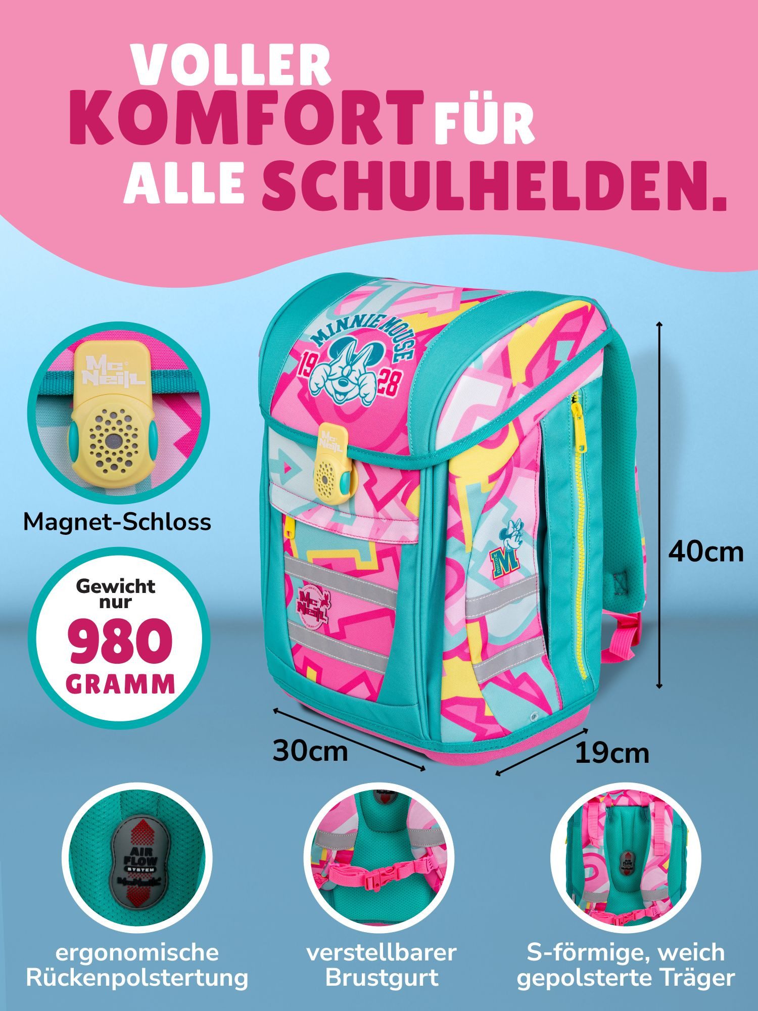 McNeill Schulranzen Schulranzen Disney Minnie Mouse Schultasche für Mädchen 1. Klasse (Set, 6-tlg., inkl. Federmäppchen (gefüllt) & Geldbeutel), mit Brustgurt, 980 Gramm leicht, 18L Volumen