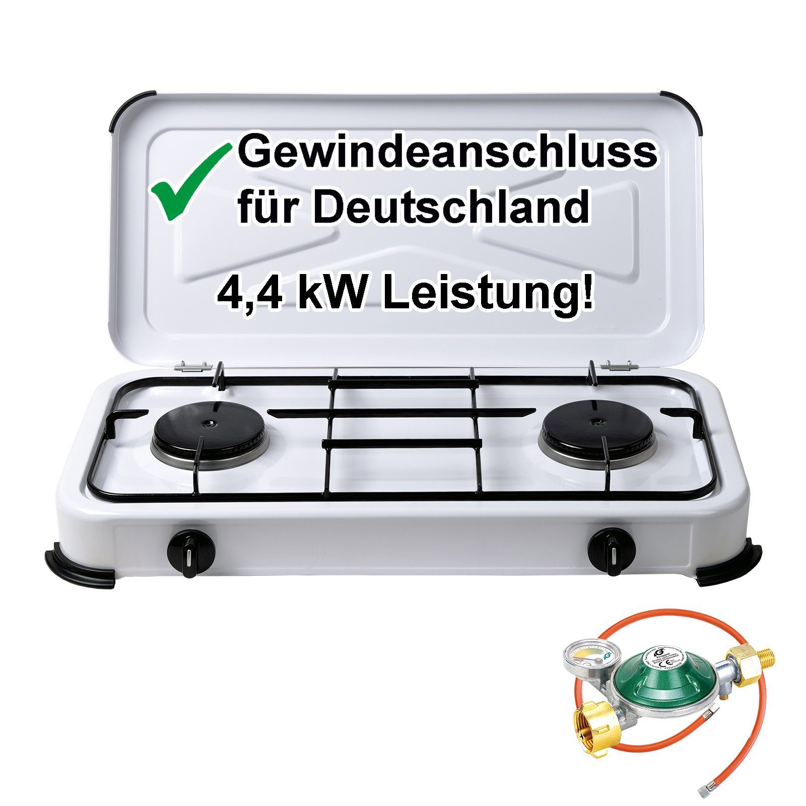 BlueCraft Gaskocher 2 flammig 50mbar Propan Gas Campingkocher 4,4 kW Gas-Kochfeld Gasherd, (mit Schlauch 100 cm und Gas Regler Druckminderer mit Manometer), Camping Gas Kocher 2 flammen für Gasflasche