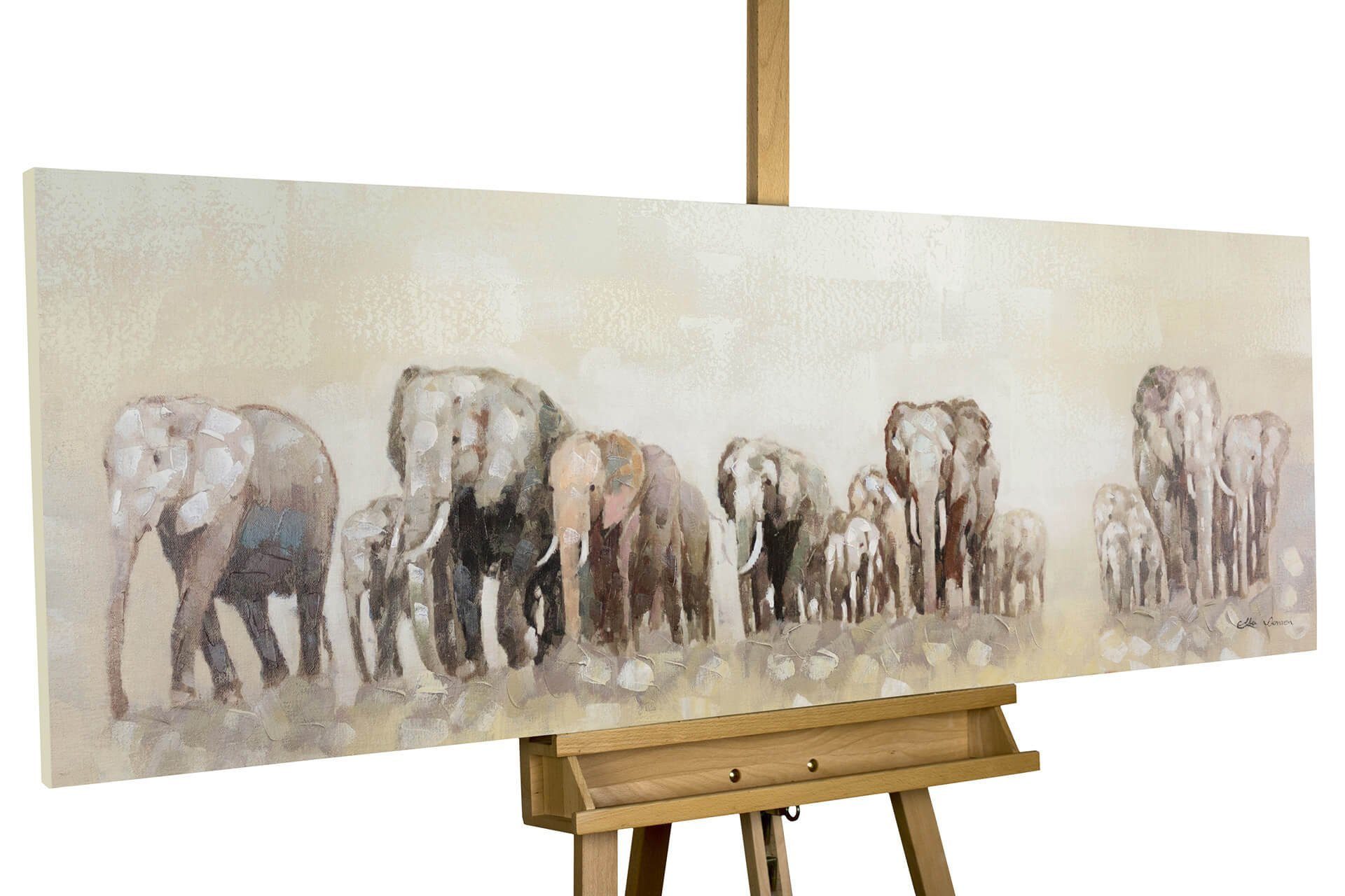 KUNSTLOFT Gemälde Weg der Elefanten 150x50 cm, Leinwandbild 100% HANDGEMALT Wandbild Wohnzimmer