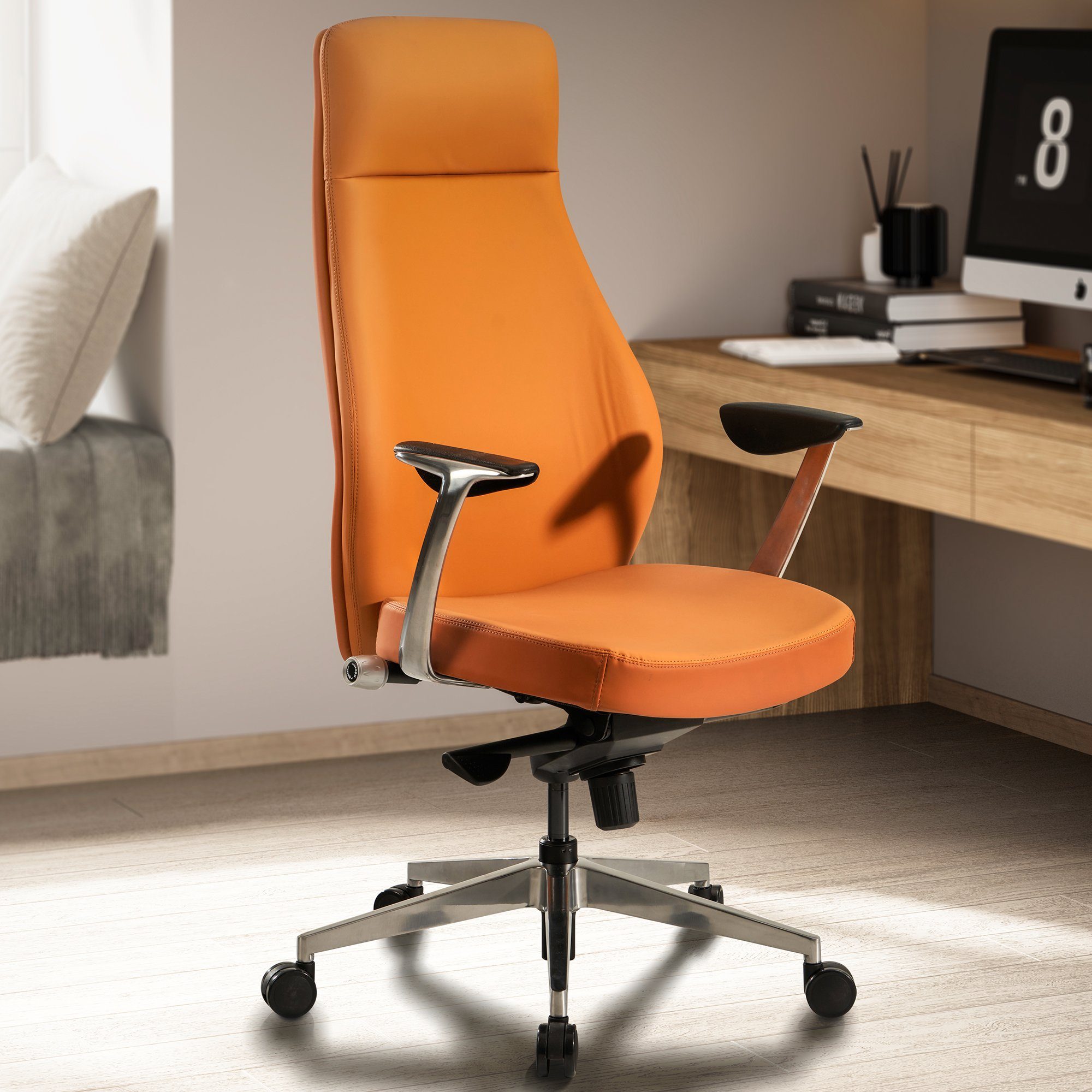 FINEBUY Drehstuhl Bürostuhl Schreibtischstuhl Kunstleder Ergonomisch (Chefsessel Kunstleder Modern, Bürostuhl Caramel), Design Bürosessel, Schreibtischstuhl bis 120 kg