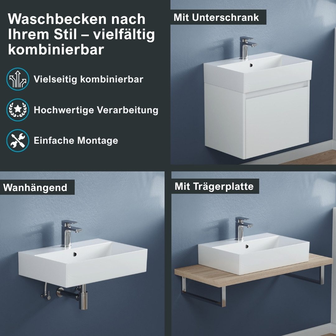 Aqua Bagno Aufsatzwaschbecken Waschbecken 60cm weiß eckig wandhängend Waschtisch (Packung)