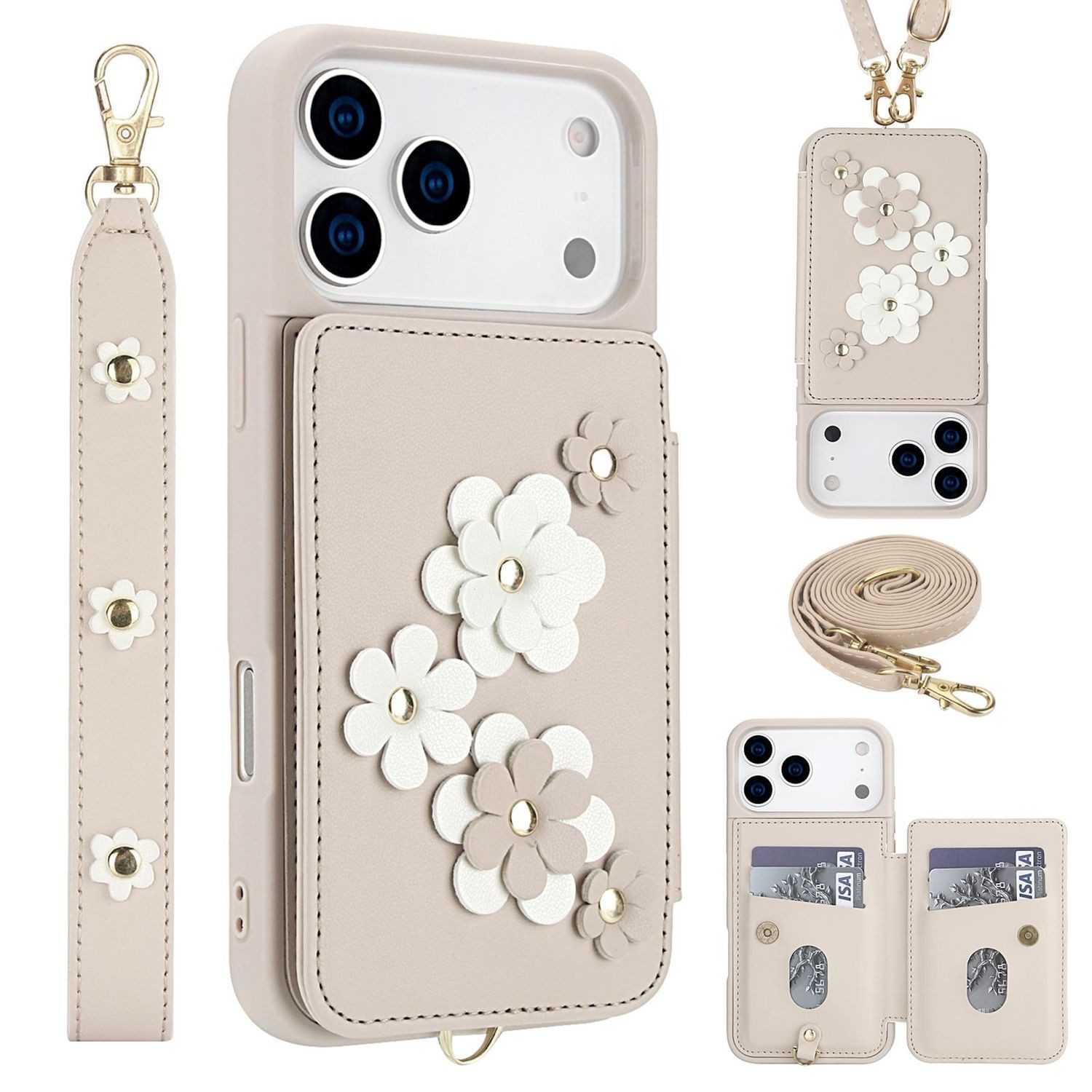 Wigento Handyhülle Für Apple iPhone 17 Pro Max Crossbody Kunstleder Blumen Hülle Weiß, Mit Kartenfächern, Gurt, Kickstand-Funktion