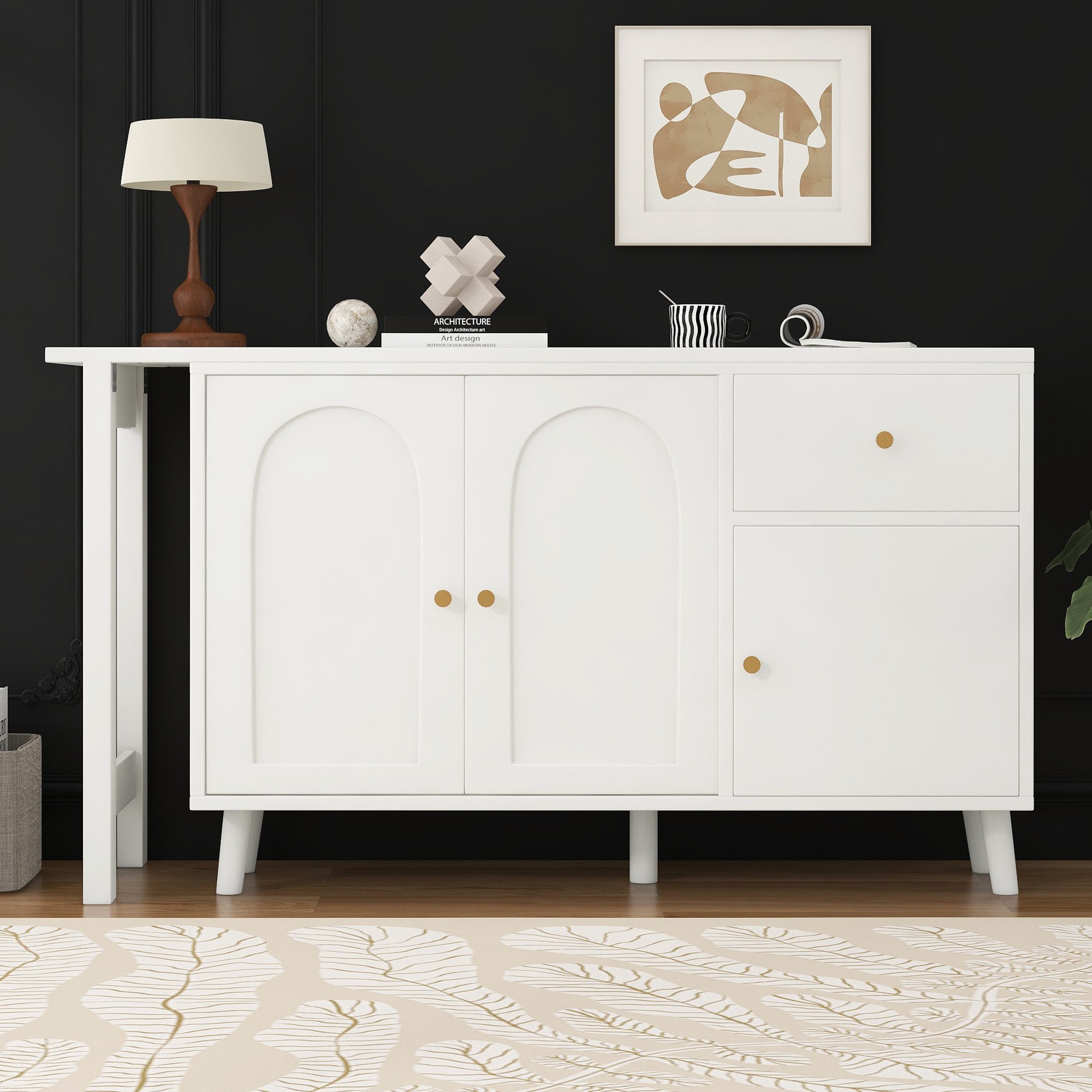 Flieks Kommode mit 360° drehbar Schreibtisch Weiß (2 St), 2 in 1 Sideboard & Computertisch Mehrzweckschrank mit Schubladen – Bild 3 von 5