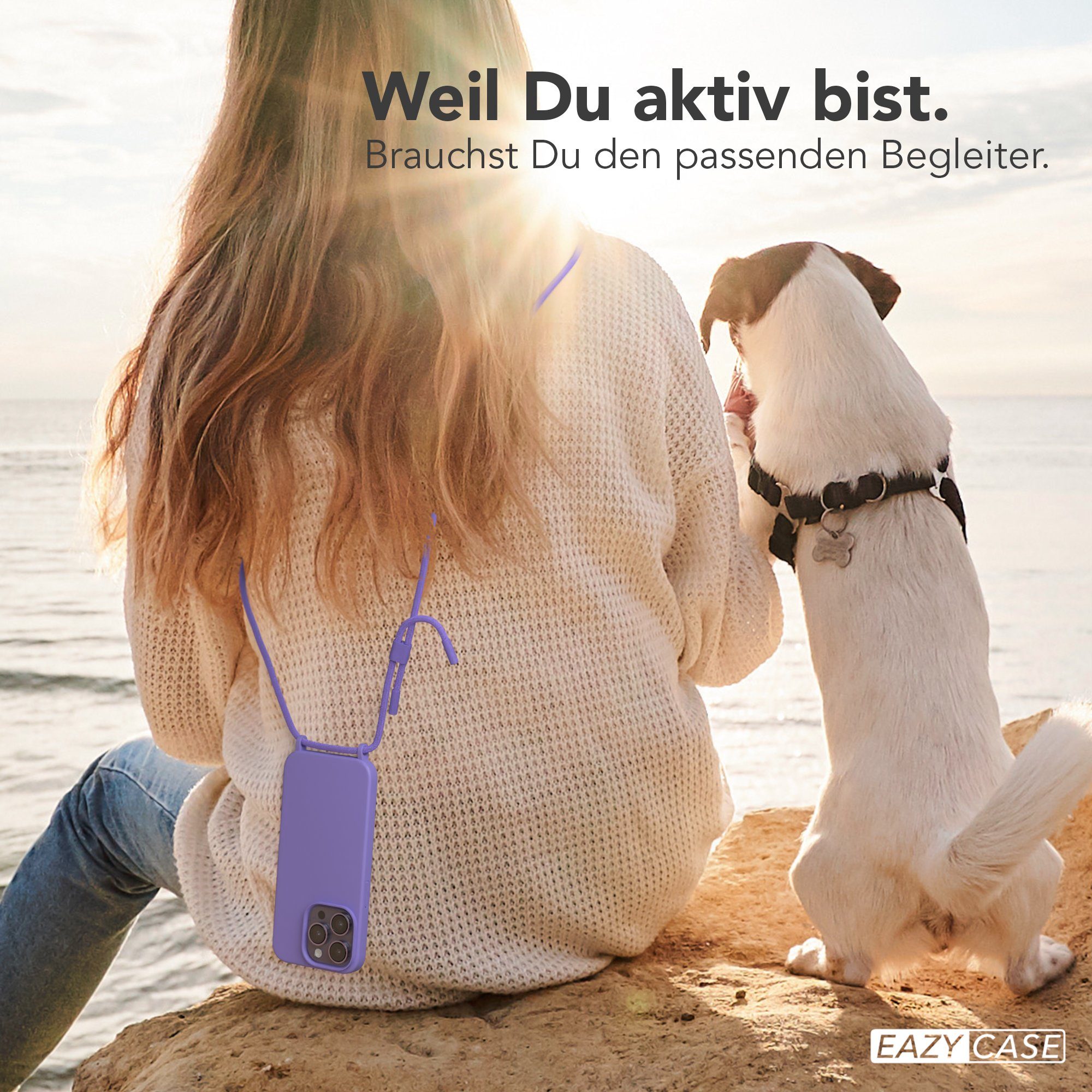 EAZY CASE Handykette Runde Kette für Apple iPhone 14 Pro 6,1 Zoll, Ketten Kordel Transparent Case abnehmbare Handyhülle Flieder Lila Gold