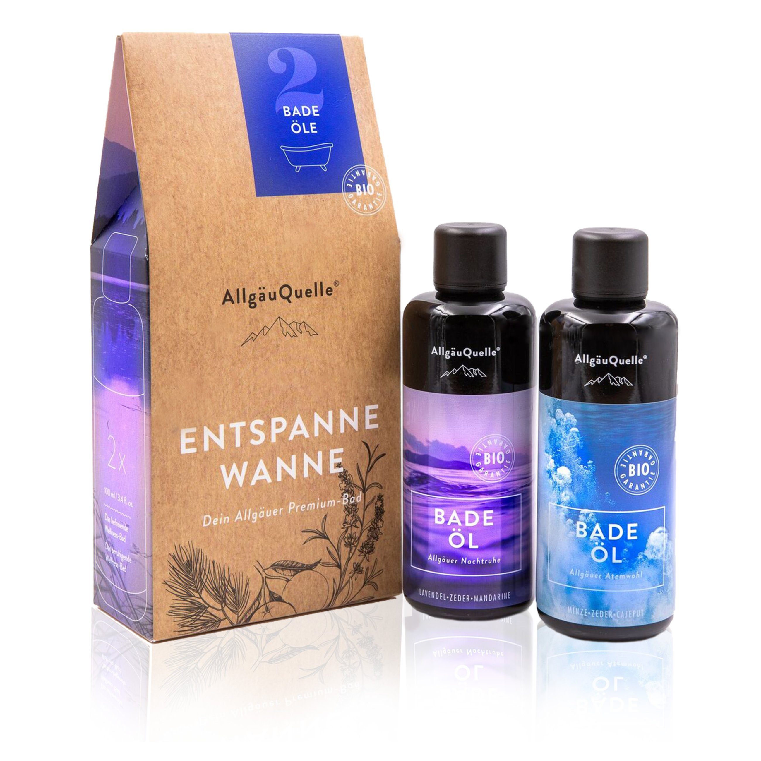 Allgäuquelle Badezusatz Bio Badeöl-Set Entspanne Wanne Badezusatz, 2 x 100ml mit Minze, Zeder und Cajeput, Lavendel, Zeder und Mandarine