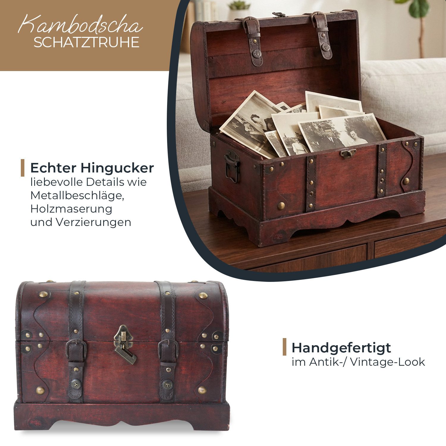HMF Schatzkiste Schatztruhe aus Holz, große Schatzkiste, dekorativem Schloss für Kindergeburtstag, 40 x 23 x 27 cm, Kambodscha