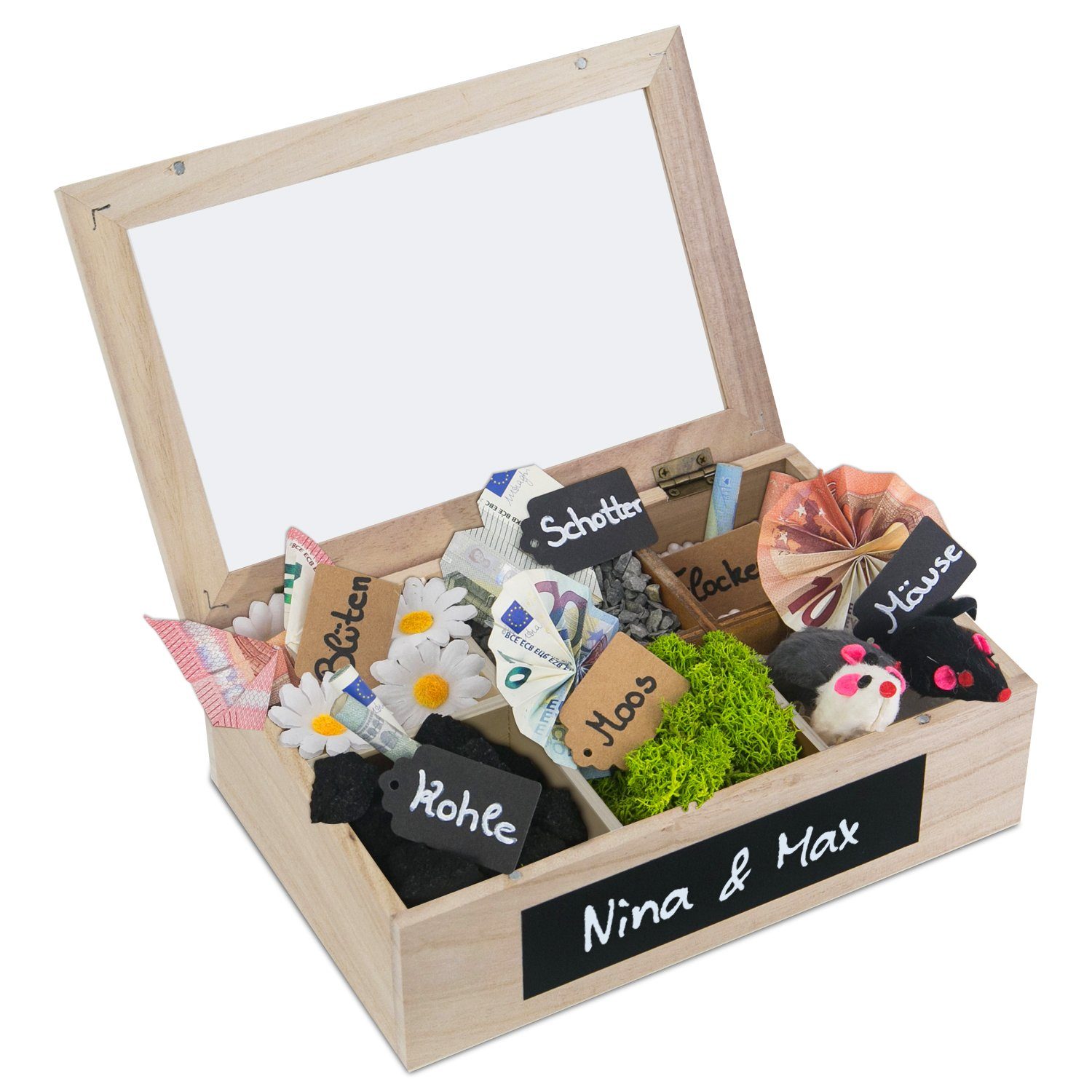 SURPRISA Geschenkbox Schotter-Schatulle Geldgeschenk, aus Paulownienholz, 6 Fächer, Geschenk zur Hochzeit, Geburtstag usw.