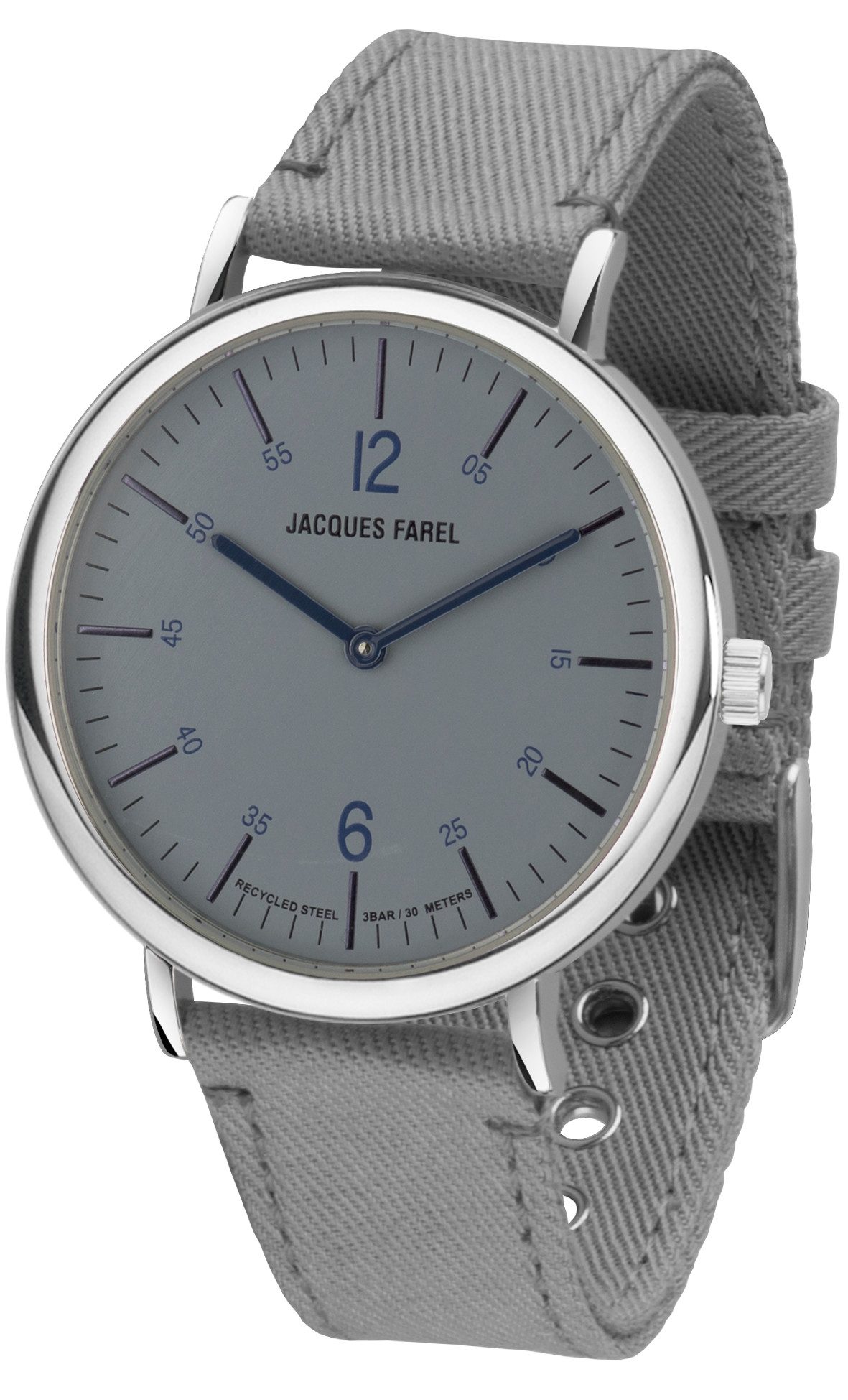 Jacques Farel Quarzuhr ORS6644 nachhaltige Damen Armbanduhr Recycling-Stahlgehäuse Lyocellband 3 bar, Analog Blau Grau Ökouhr ökologisch Geschenk Frauen Ø38 mm