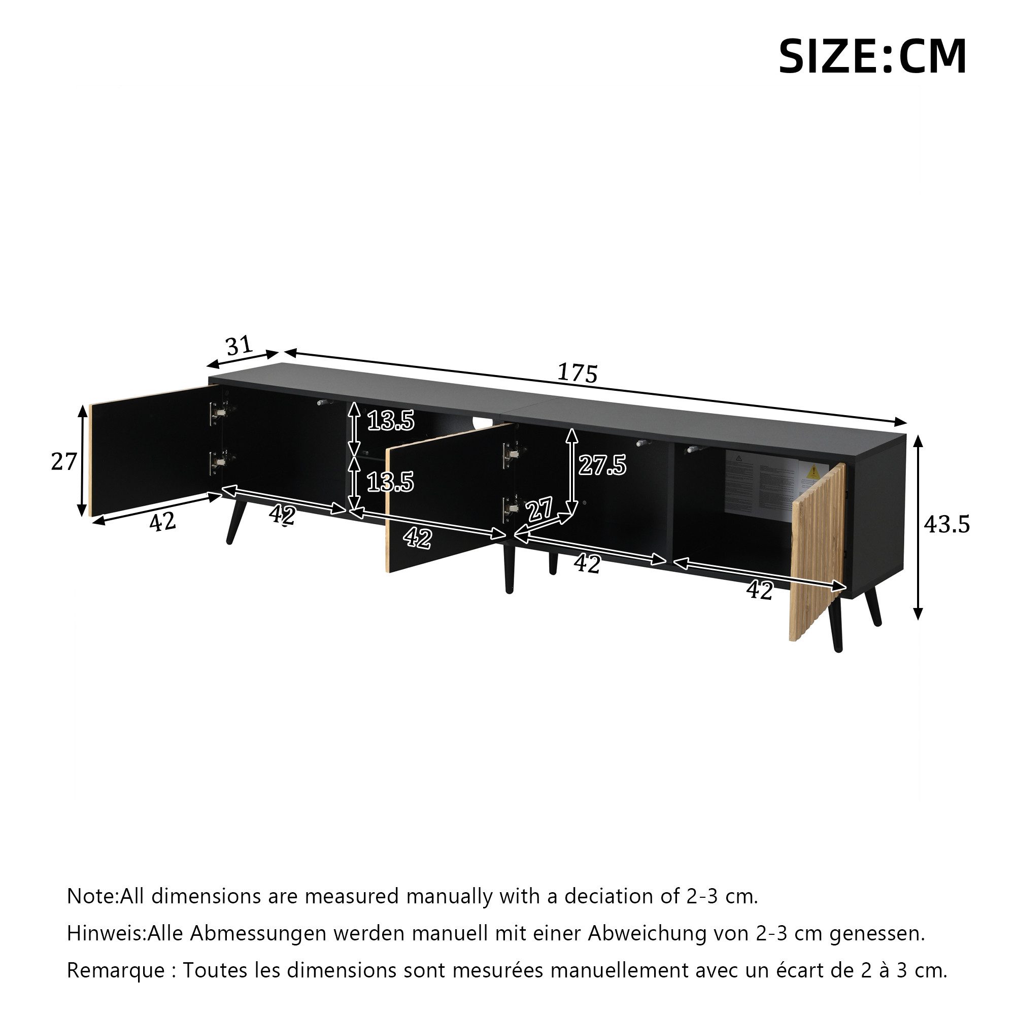 KLAM HOME Lowboard LED TV-Schrank 175cm Naturholz-Schwarz für 75 Zoll Fernseher (Lowboard mit App-gesteuerter Beleuchtung, 3 Schränken & Glasfach), Moderner Wohnzimmer TV-Ständer mit viel Stauraum & 6 Stützbeinen