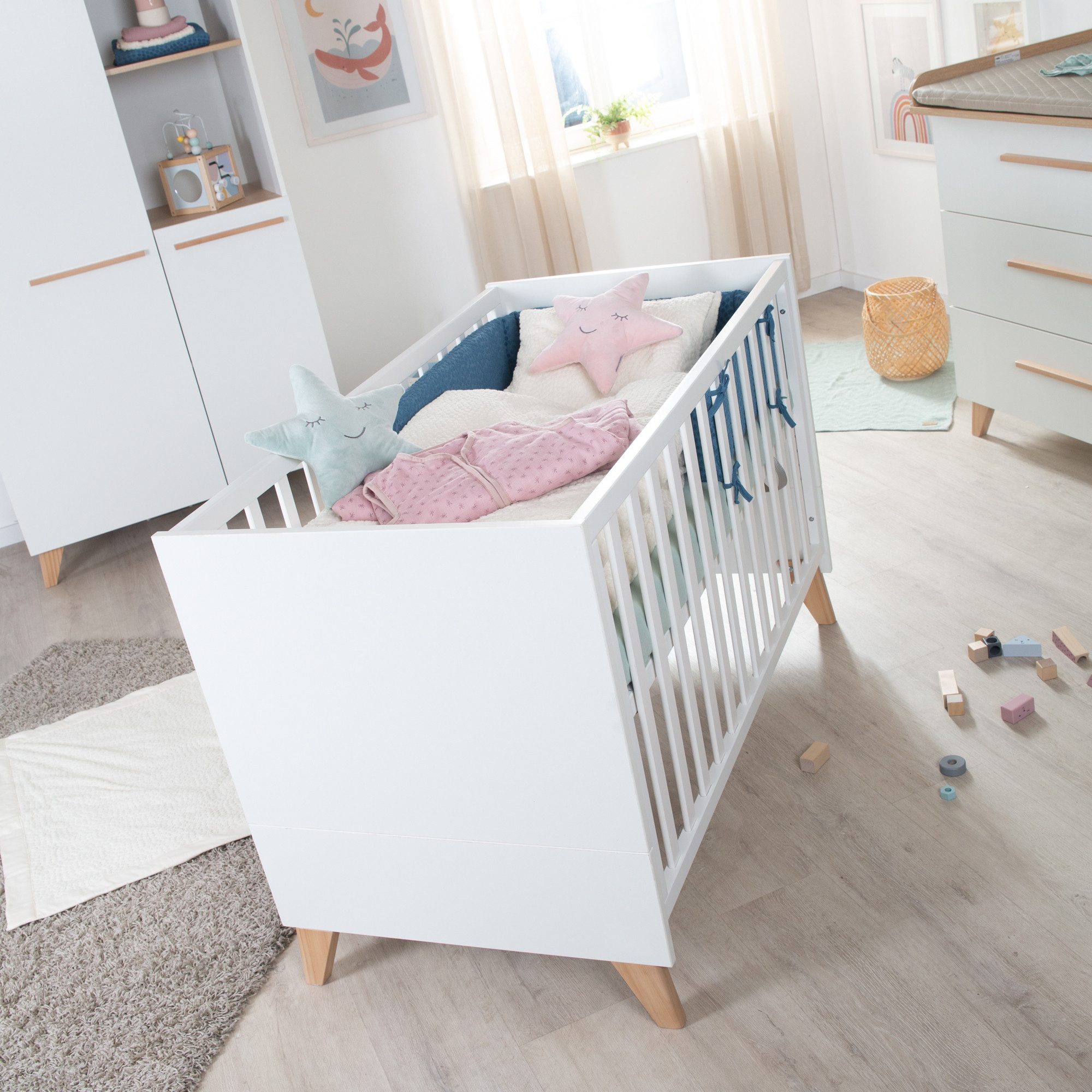 roba® baby furniture set Leon - made of wood - in white with Othello oak decor, (2-piece set, children's & bedside cot 60 x 120 cm & changing table), baby cot usable as a bedside cot - 6-way height adjustable