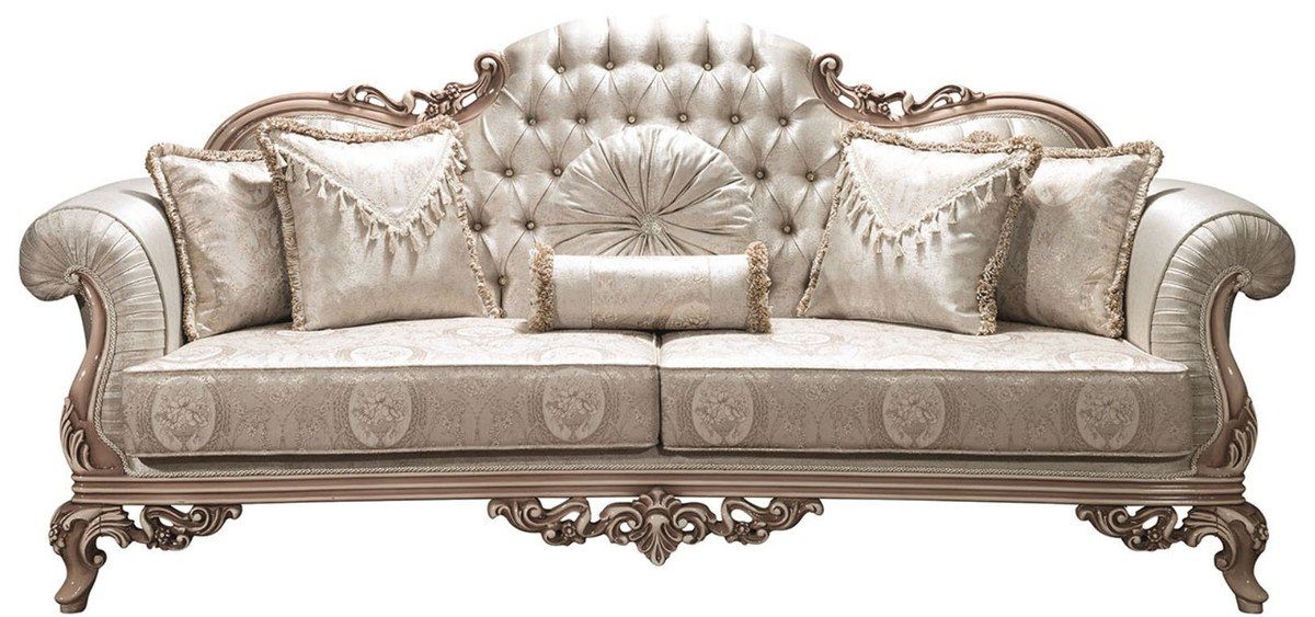 Casa Padrino Sofa Luxus Barock Sofa mit Glitzersteinen und dekorativen Kissen Silber / Creme / Beige 230 x 90 x H. 110 cm - Prunkvolles Wohnzimmer Sofa
