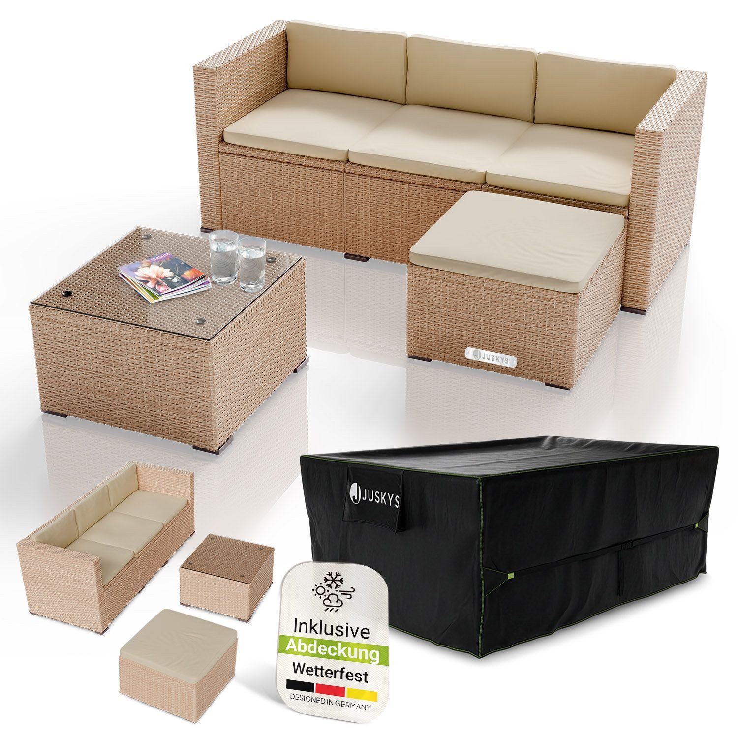 Juskys Gartenlounge-Set Punta Cana, (Set, Sitzgruppe), Polyrattan Sitzgarnitur mit 1 Tisch, 1 Sofa und 1 Hocker, 1 Abdeckung
